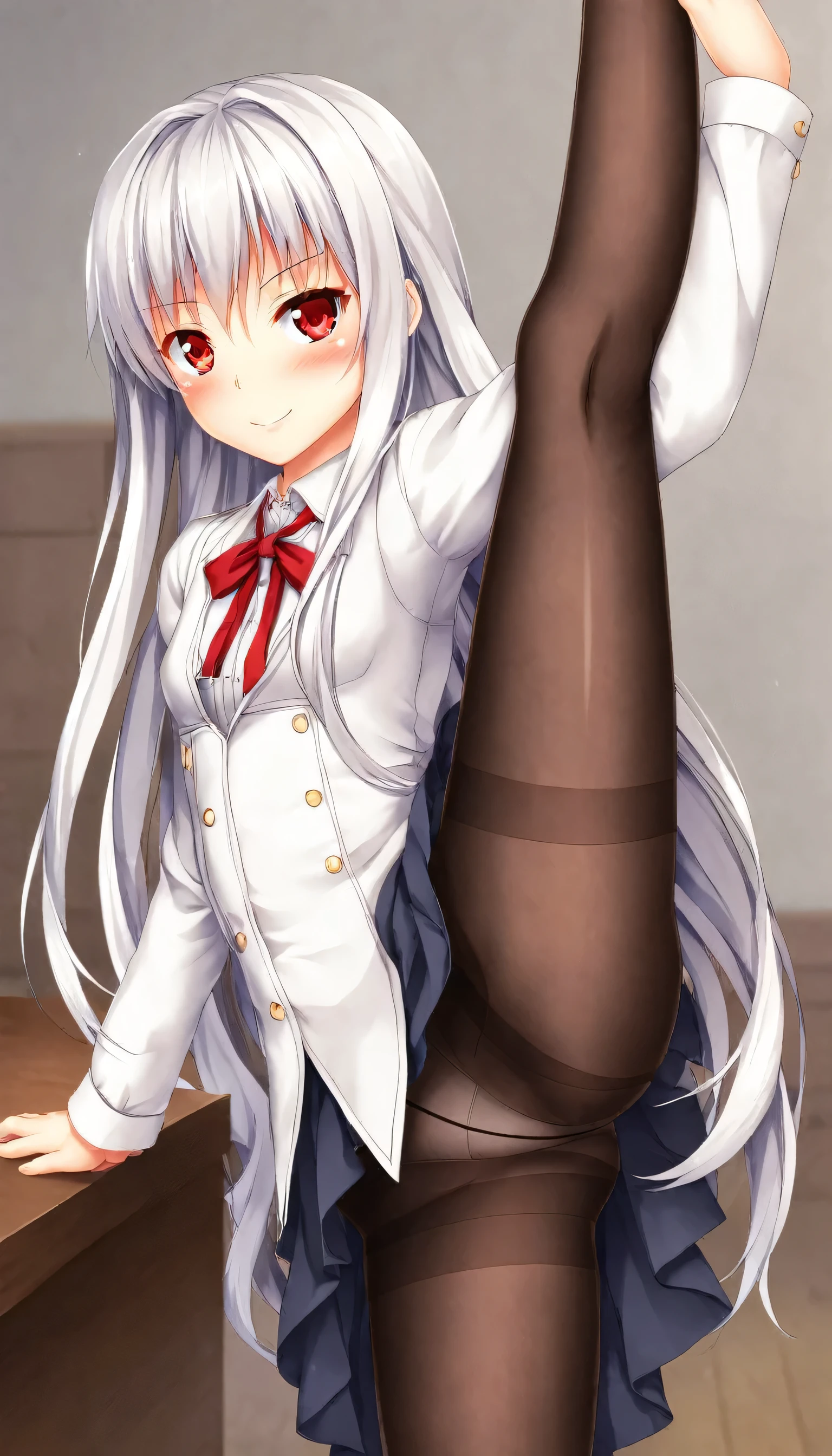 Young girl, long white hair, red eyes, looking at the camera, focus on the girl, pantyhose, standing split, Even eyes, beautiful eyes, smiling, embarrassed