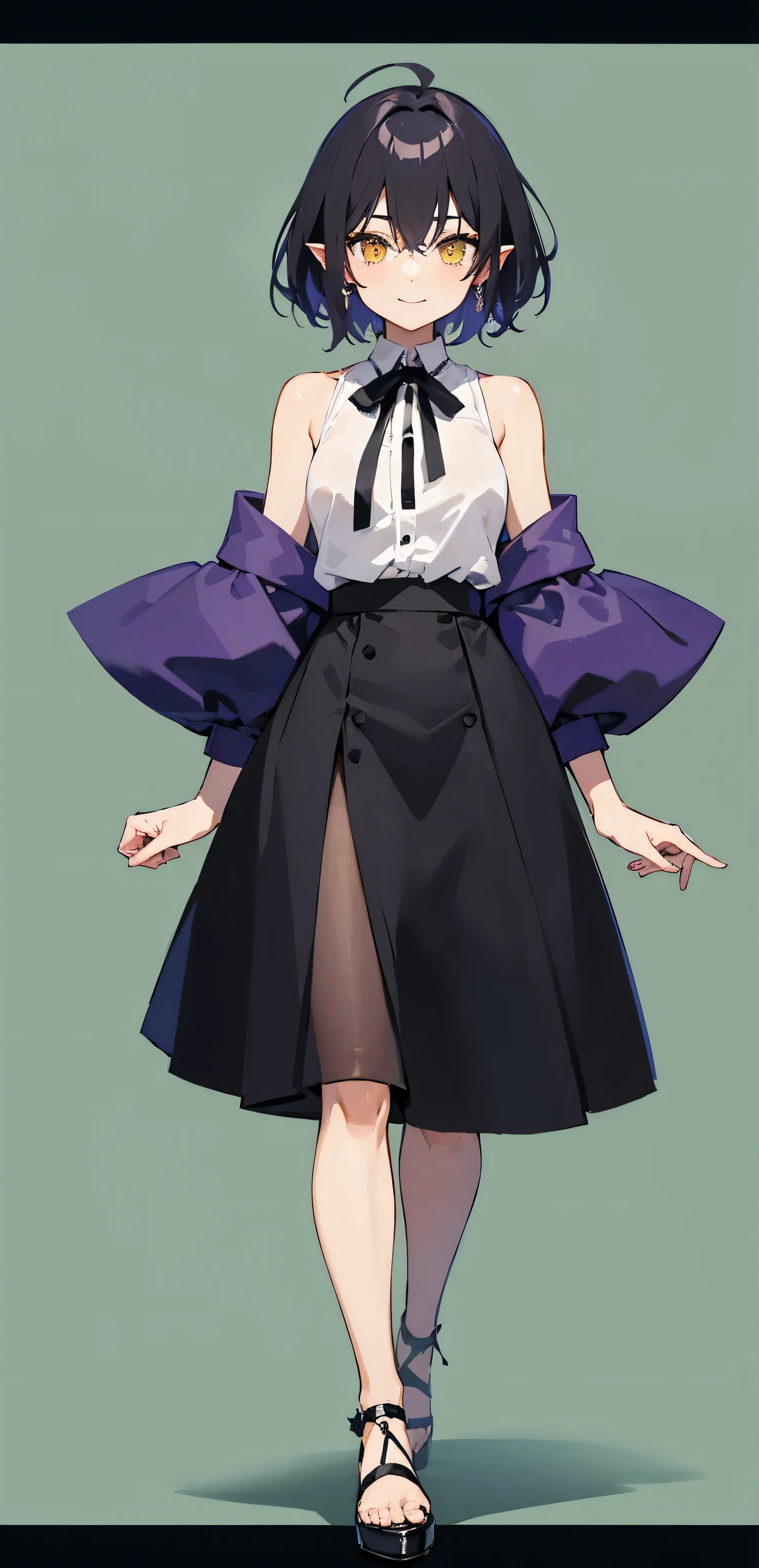 whole body, upright, front, shoes, One Woman, Black hair mixed with purple, Short hair to the shoulders, Hair between the eyes, Ahoge, Yellow Eyes, Pointed Ears, bartender, Roll up your shirt sleeves, Black ribbon at neck, Long skirt, slit, Wearing high heels, Place your arms at your sides, Open chest, A kind smile, masterpiece, high quality, whole body, Wearing shoes, Facing front, Are standing,Simple Green Background, View your viewers,whole body
