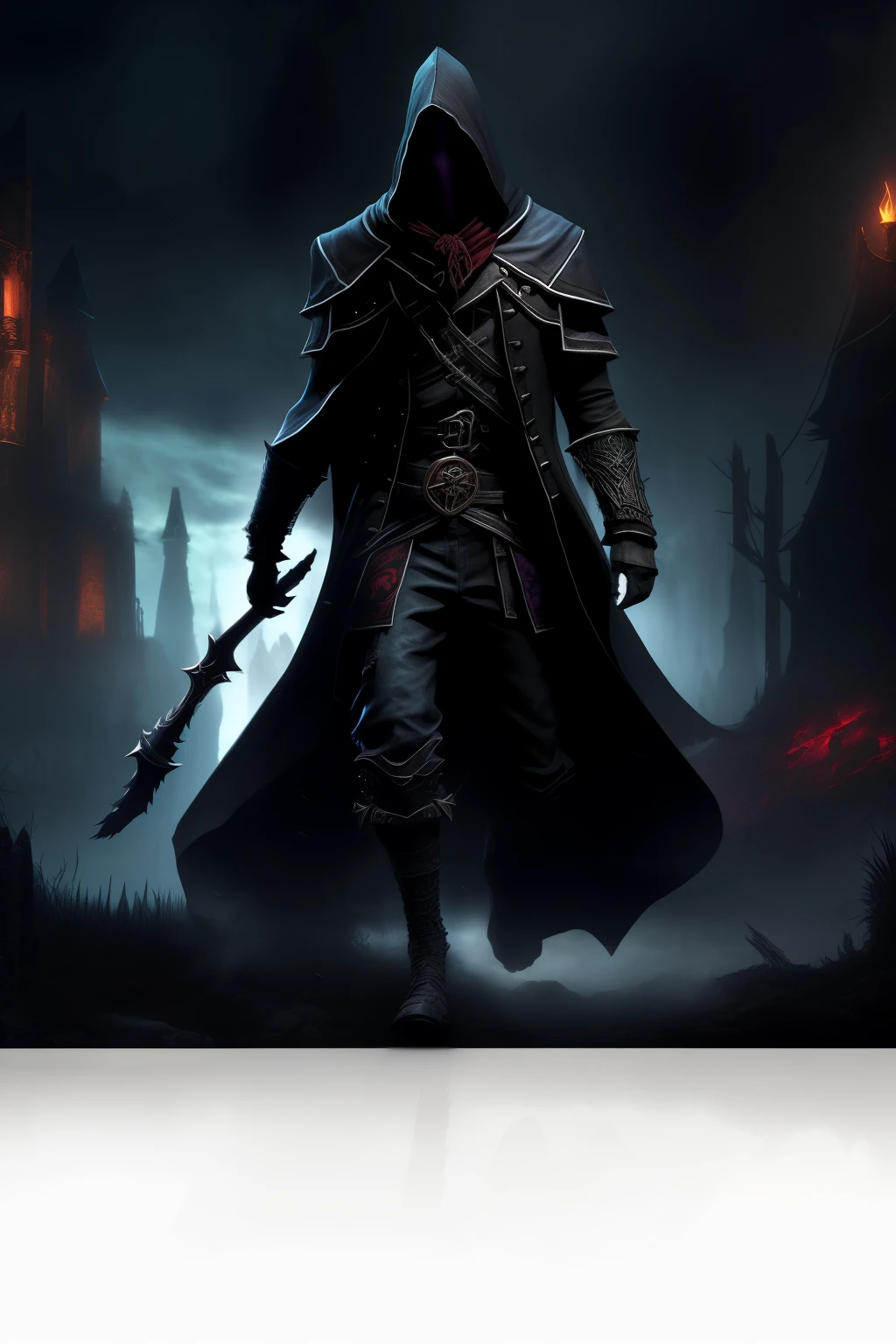 "Unveil a captivating gaming logo, a harmonious blend of the Grim Reaper and an enigmatic rogue from Dungeons & Dragons. The logo resides boldly against a pitch-black backdrop, illuminated by dramatic, atmospheric lighting. The logo's hyper-resolution and meticulous detail aim to achieve an unparalleled 10k photo-realism quality.

The Grim Reaper, cloaked in a rogue-inspired outfit, merges elements from Assassin's Creed Rogue and World of Warcraft's undead rogue theme. The ghostly figure dons a rogue-type mask