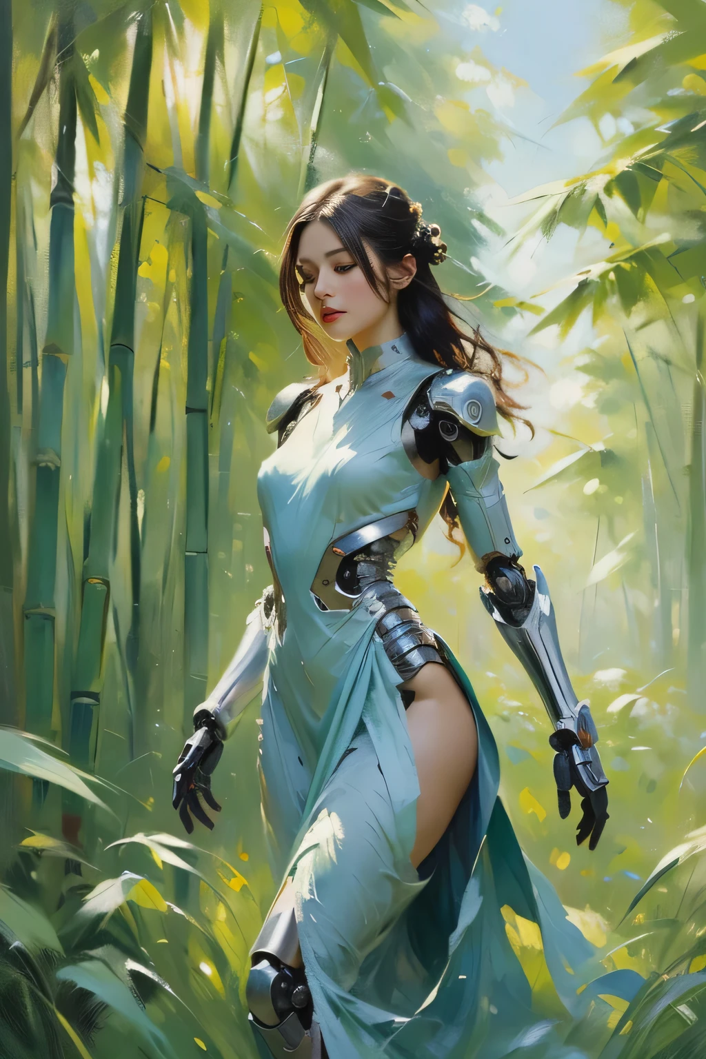 Bamboo forest, impressionist style, nature, a beautiful robot girl, with mechanical body, in the middle of the forest, green, long dress, texture, broad brushstrokes, vertical composition, art, serenity, cute, peaceful,