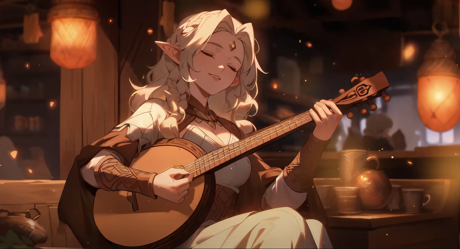 masterpiece, highest quality, Queen of the Cloud Elves performs on the streets of New York, casual, Sitting, I'm playing the guitar, dark moody lighting, night sky, night, Starry Sky, Sparkling, dark, (smile:0.8)