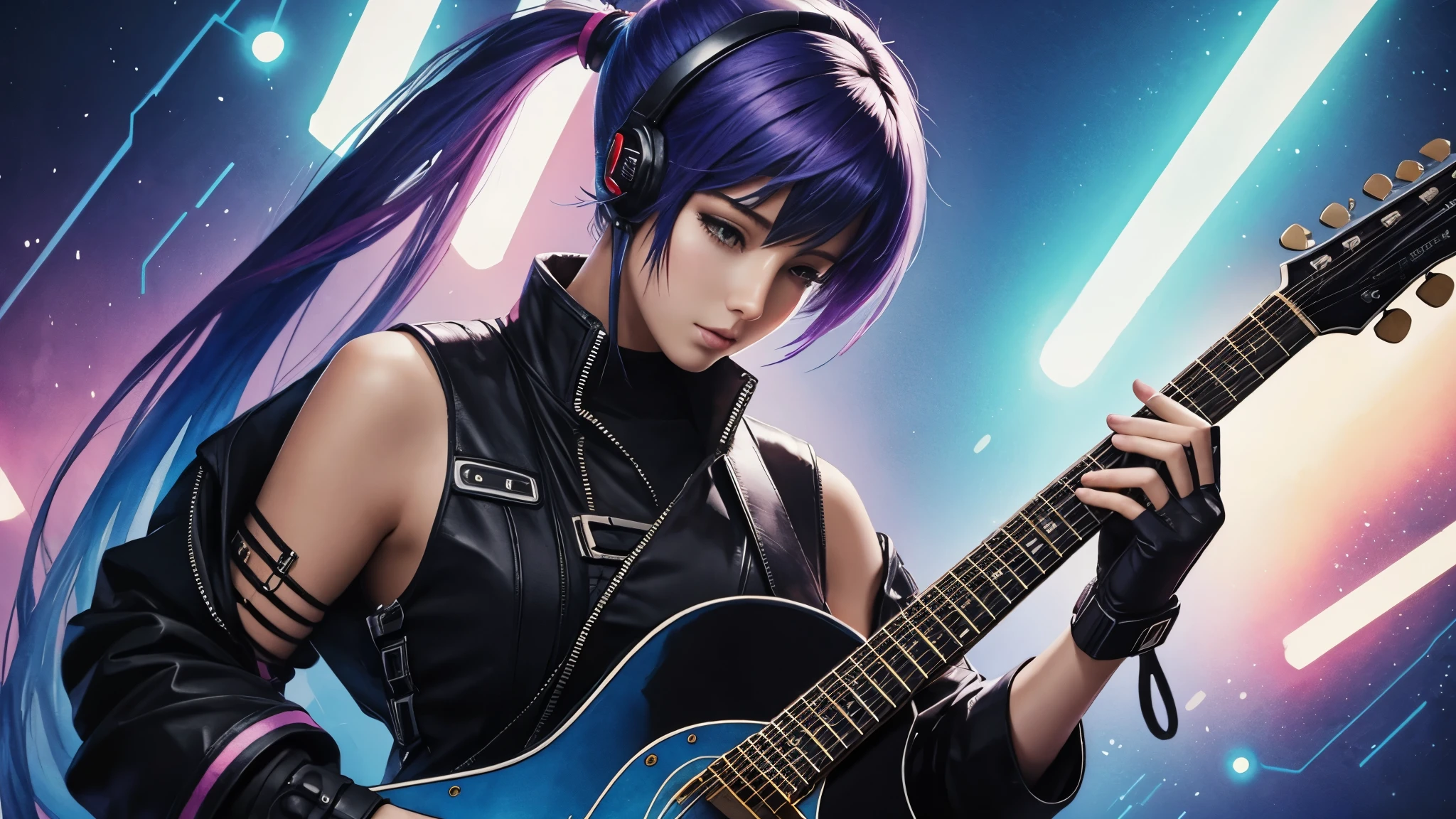 guitar,cyber punk,Very watercolor,woman