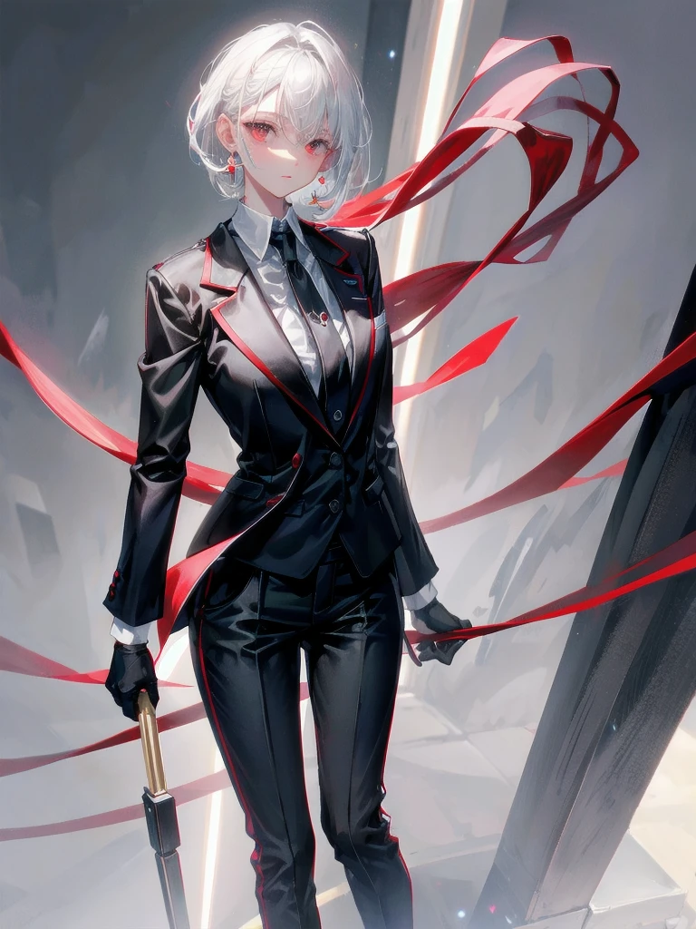 spy, pistol, Black gloves, Formal suit, tie, Jacket, pants, big tits, absurdres, RAW photo, extremely delicate and beautiful, masterpiece, Best Quality, ultra high resolution, 32k, hyperrealistic, ultra-detailed, detailed description, pale skin, 20 years old, tearful mole, earring, short medium hair, wavy hair, whole body shot, Redhead, Red eyes,