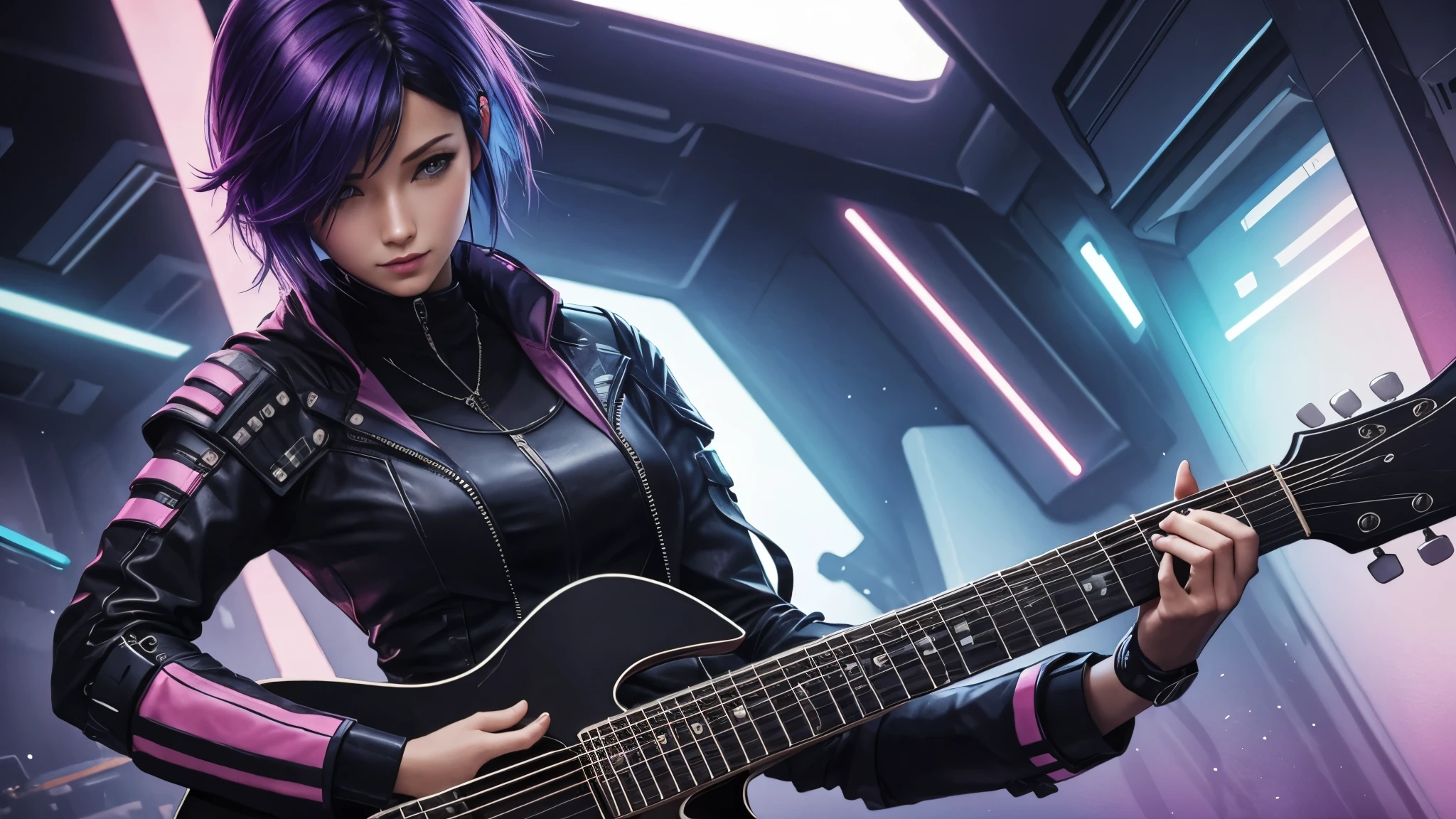 guitar,cyber punk,Very watercolor,woman