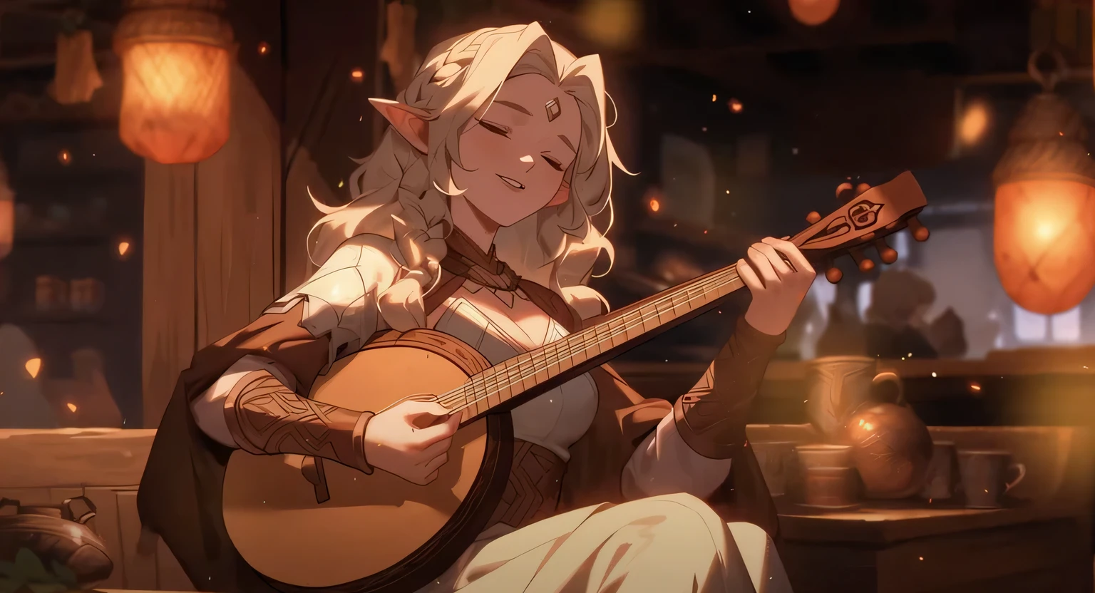 masterpiece, highest quality, Queen of the Cloud Elves performs on the streets of New York, casual, Sitting, I'm playing the guitar, dark moody lighting, night sky, night, Starry Sky, Sparkling, dark, (smile:0.8)