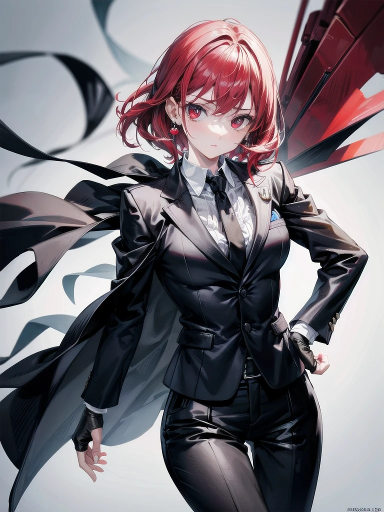 spy, pistol, Black gloves, Formal suit, tie, Jacket, pants, big tits, absurdres, RAW photo, extremely delicate and beautiful, masterpiece, Best Quality, ultra high resolution, 32k, hyperrealistic, ultra-detailed, detailed description, pale skin, 20 years old, tearful mole, earring, short medium hair, wavy hair, whole body shot, Redhead, Red eyes,