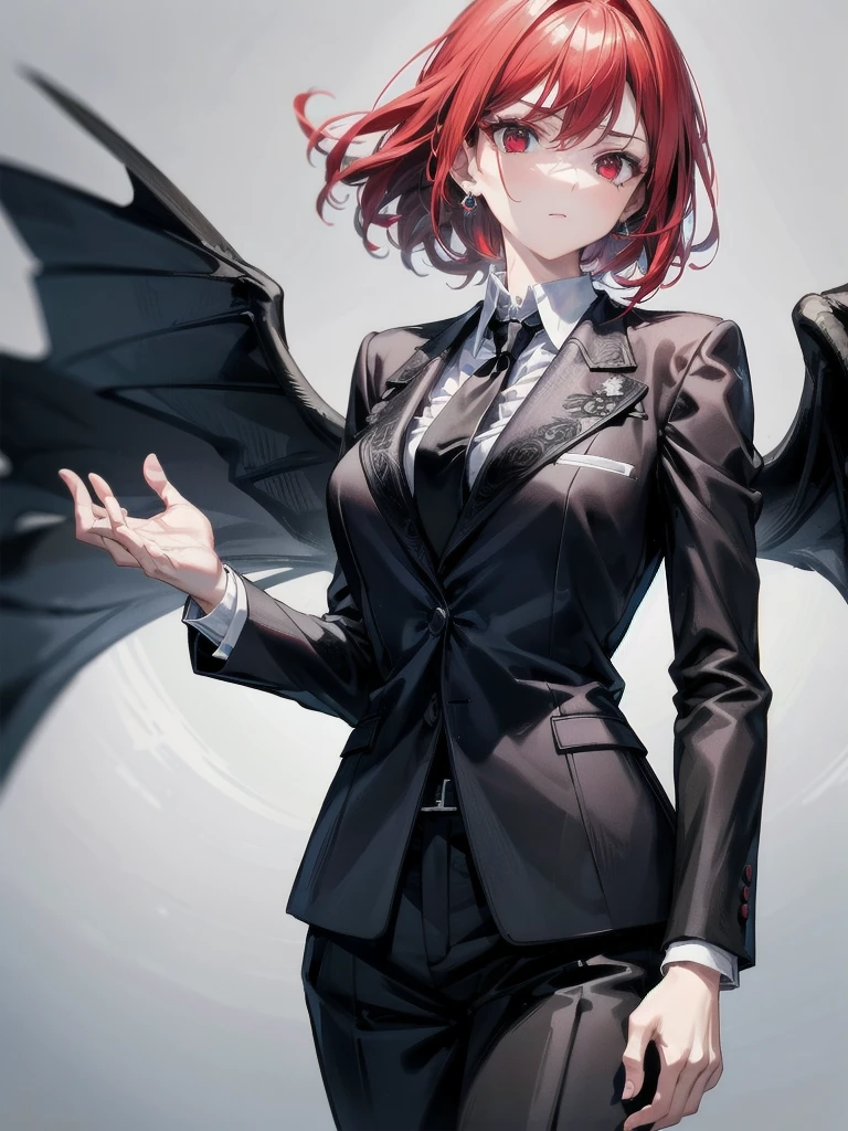 spy, pistol, Black gloves, Formal suit, tie, Jacket, pants, big tits, absurdres, RAW photo, extremely delicate and beautiful, masterpiece, Best Quality, ultra high resolution, 32k, hyperrealistic, ultra-detailed, detailed description, pale skin, 20 years old, tearful mole, earring, short medium hair, wavy hair, whole body shot, Redhead, Red eyes,