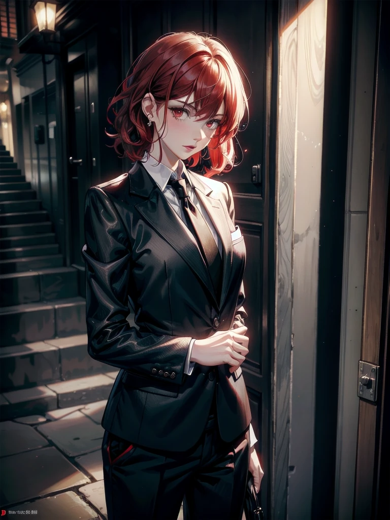 spy, pistol, Black gloves, Formal suit, tie, Jacket, pants, big tits, absurdres, RAW photo, extremely delicate and beautiful, masterpiece, Best Quality, ultra high resolution, 32k, hyperrealistic, ultra-detailed, detailed description, pale skin, 20 years old, tearful mole, earring, short medium hair, wavy hair, whole body shot, Redhead, Red eyes,
