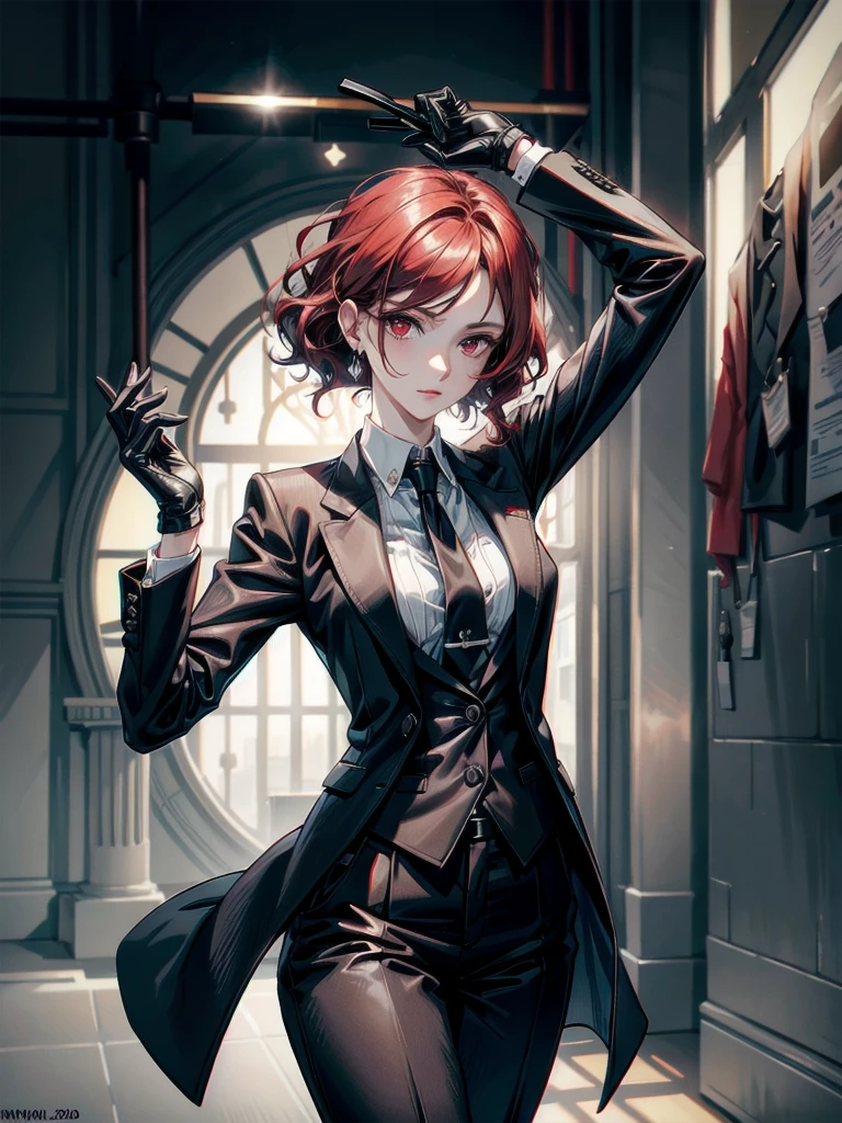 spy, pistol, Black gloves, Formal suit, tie, Jacket, pants, big tits, absurdres, RAW photo, extremely delicate and beautiful, masterpiece, Best Quality, ultra high resolution, 32k, hyperrealistic, ultra-detailed, detailed description, pale skin, 20 years old, tearful mole, earring, short medium hair, wavy hair, whole body shot, Redhead, Red eyes,