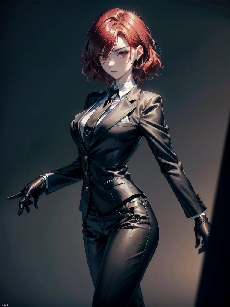 spy, pistol, Black gloves, Formal suit, tie, Jacket, pants, big tits, absurdres, RAW photo, extremely delicate and beautiful, masterpiece, Best Quality, ultra high resolution, 32k, hyperrealistic, ultra-detailed, detailed description, pale skin, 20 years old, tearful mole, earring, short medium hair, wavy hair, whole body shot, Redhead, Red eyes,