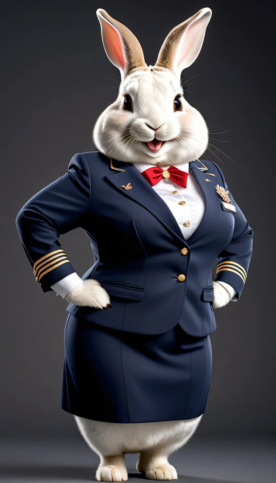 photorealistic portrait of Dressed animals - a ((fat)) rabbit Flight attendant,(elegant pose),(happy smile),(), high quality,(lovely) ,intricate details, highly detailed (Flight attendant uniform), earrings,,, (happy), studio lighting,(full body image:2.0)