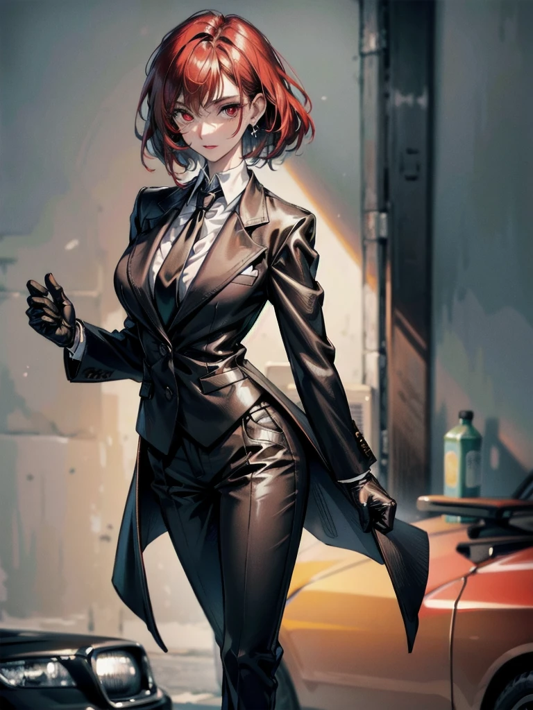 spy, pistol, Black gloves, Formal suit, tie, Jacket, pants, big tits, absurdres, RAW photo, extremely delicate and beautiful, masterpiece, Best Quality, ultra high resolution, 32k, hyperrealistic, ultra-detailed, detailed description, pale skin, 20 years old, tearful mole, earring, short medium hair, wavy hair, whole body shot, Redhead, Red eyes,