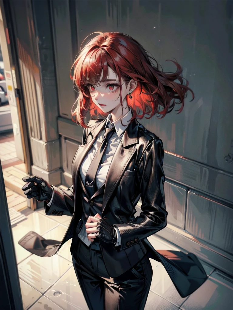 spy, pistol, Black gloves, Formal suit, tie, Jacket, pants, big tits, absurdres, RAW photo, extremely delicate and beautiful, masterpiece, Best Quality, ultra high resolution, 32k, hyperrealistic, ultra-detailed, detailed description, pale skin, 20 years old, tearful mole, earring, short medium hair, wavy hair, whole body shot, Redhead, Red eyes,