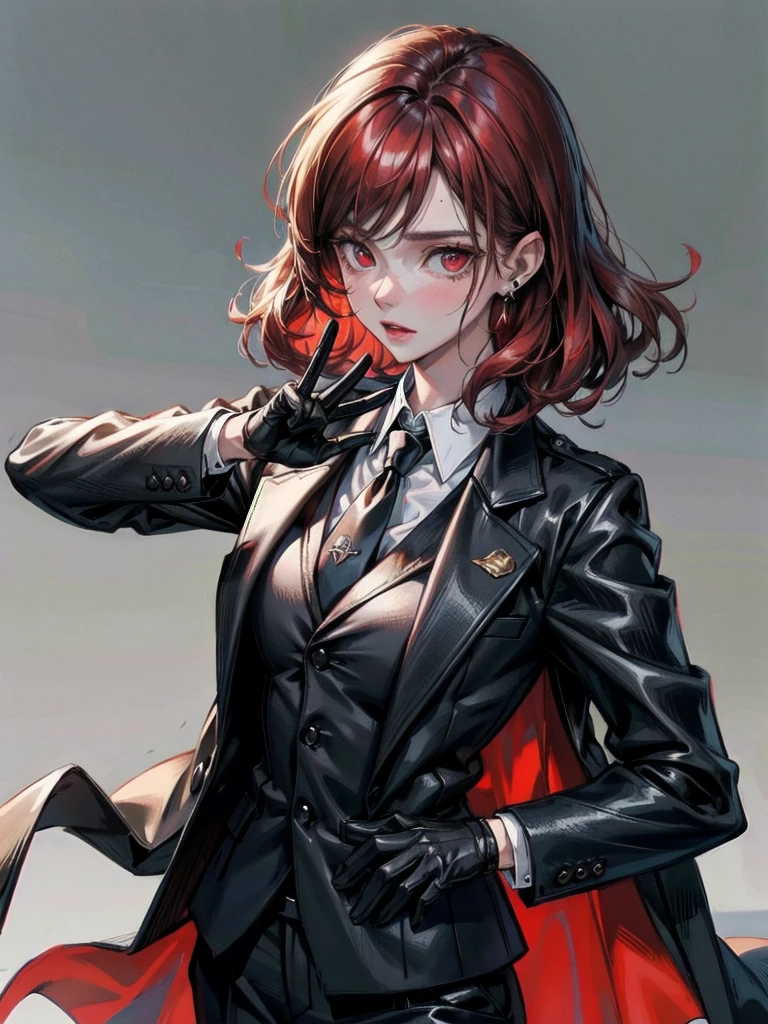 spy, pistol, Black gloves, Formal suit, tie, Jacket, pants, big tits, absurdres, RAW photo, extremely delicate and beautiful, masterpiece, Best Quality, ultra high resolution, 32k, hyperrealistic, ultra-detailed, detailed description, pale skin, 20 years old, tearful mole, earring, short medium hair, wavy hair, whole body shot, Redhead, Red eyes,