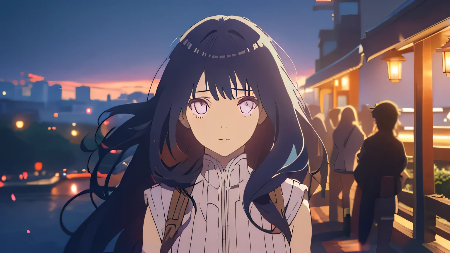 City Street。stroll。anime。Cute older sister。night。Blue Moment。Beautiful light blue night sky。anime style。Gentle lines。Upper Body。front。Looking into the camera。Please show me the wonderful scenery (highest quality, High resolution, Realistic), Vibrant colors, Professional Lighting.