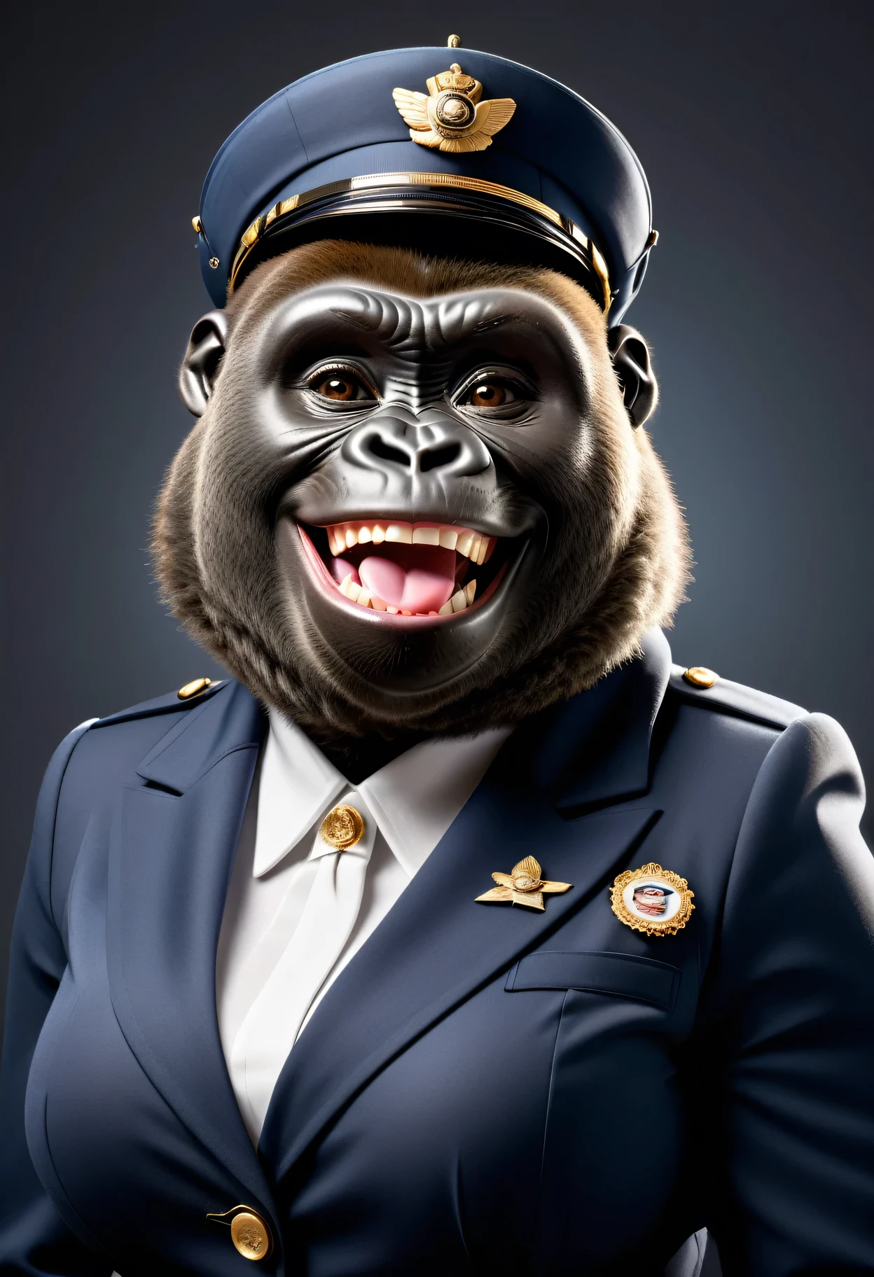 photorealistic portrait of Dressed animals - a ((fat)) gorilla Flight attendant,(elegant pose),(happy smile),(), high quality,(lovely) ,intricate details, highly detailed (Flight attendant uniform), earrings,,, (happy), studio lighting,(full body image:2.0)