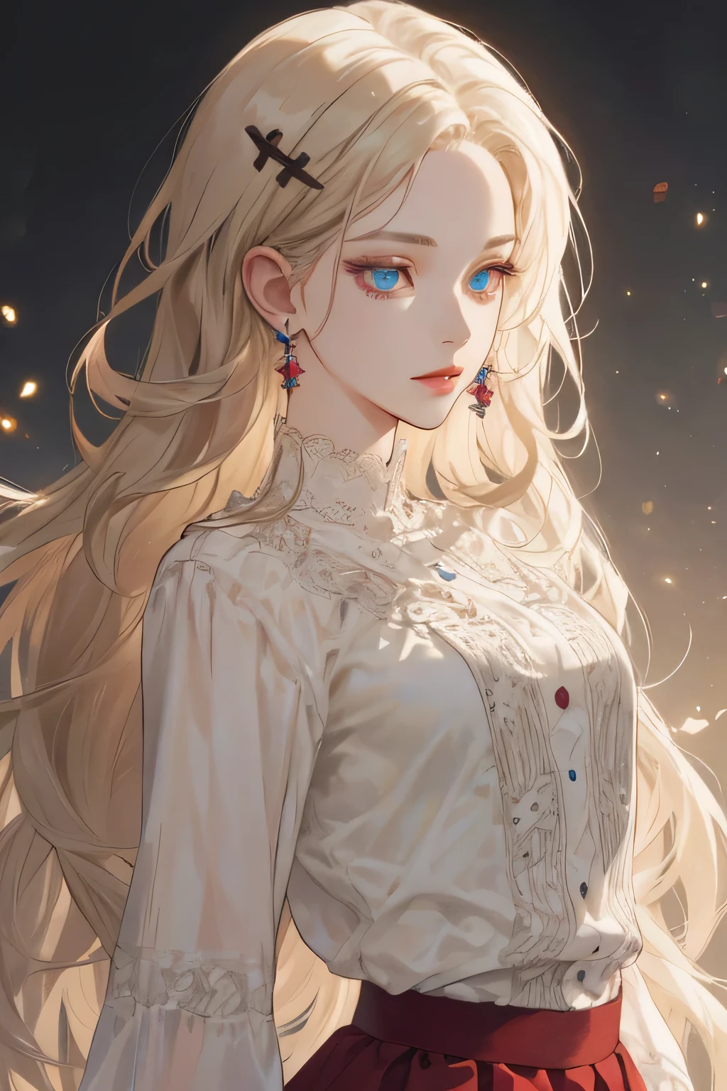 (extreamly delicate and beautiful:1.2), 8K,(masterpiece:1.0),(best_quality:1.0), 1 girl, and intricate detailing, Enlarged textures, and intricate detailing, finely eye and detailed face, and intricate detailing, shiraga, platinum blonde curls long hair, (closed mouths), Perfect eyes, Equal eyes, carolina eyes (A famale god) with semi casual clothers modern and red maroon short skirt span, carolina eyes perfect, perfect, earing, hairpin, perfect body, sexy body, carolina blue perfect eyes, lips nude