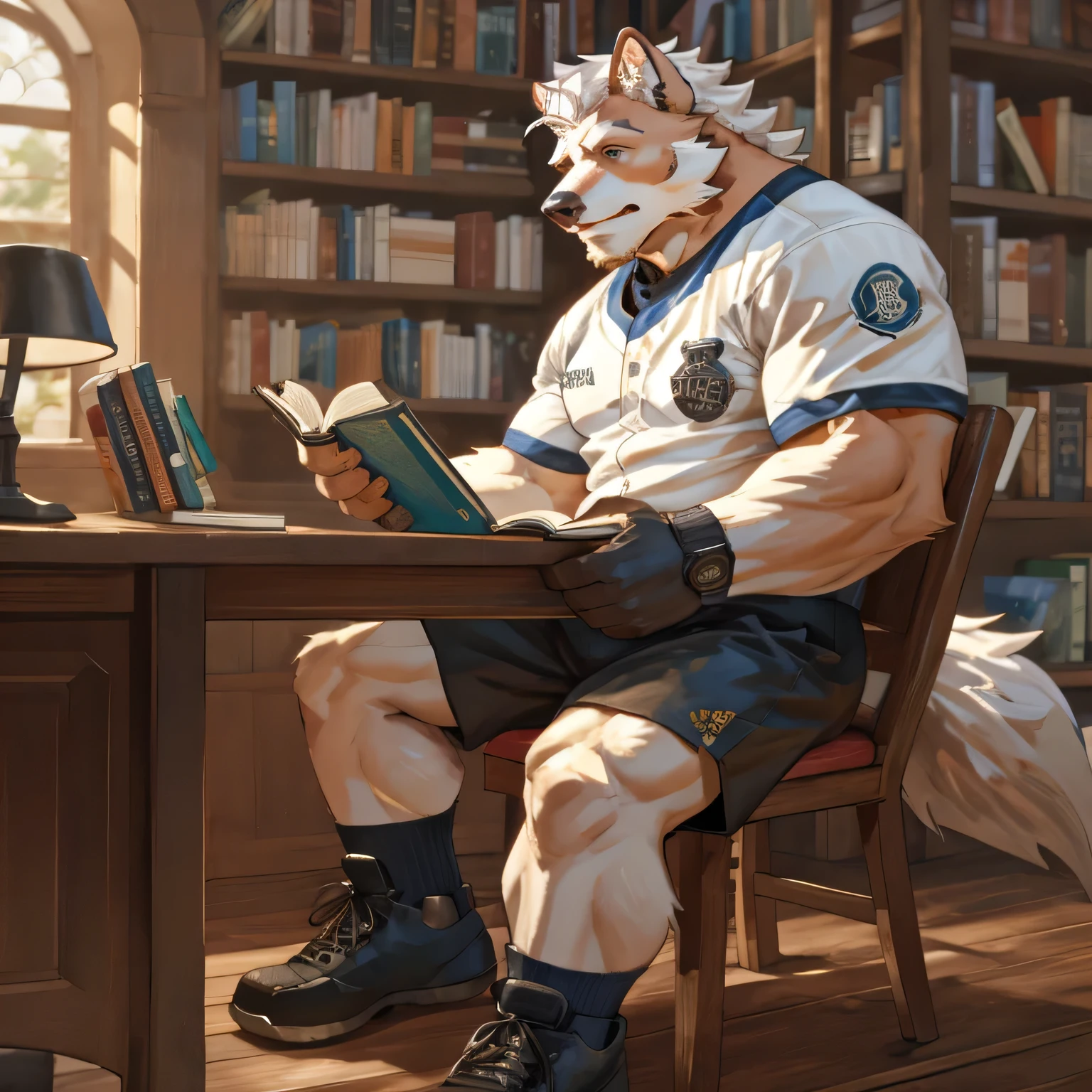 (((Detailed anatomy, Detailed eyes, detailed body, detailed face, best quality, high resolution))) The white wolf, who had just , was sitting on a chair in front of a table piled with books, reading a book seriously.，Not very strong，Wearing a black and white baseball uniform，Black shorts，Red sneakers and black socks，Eyes are blue，White hair on the top of the head with some red hair，White hair on the body