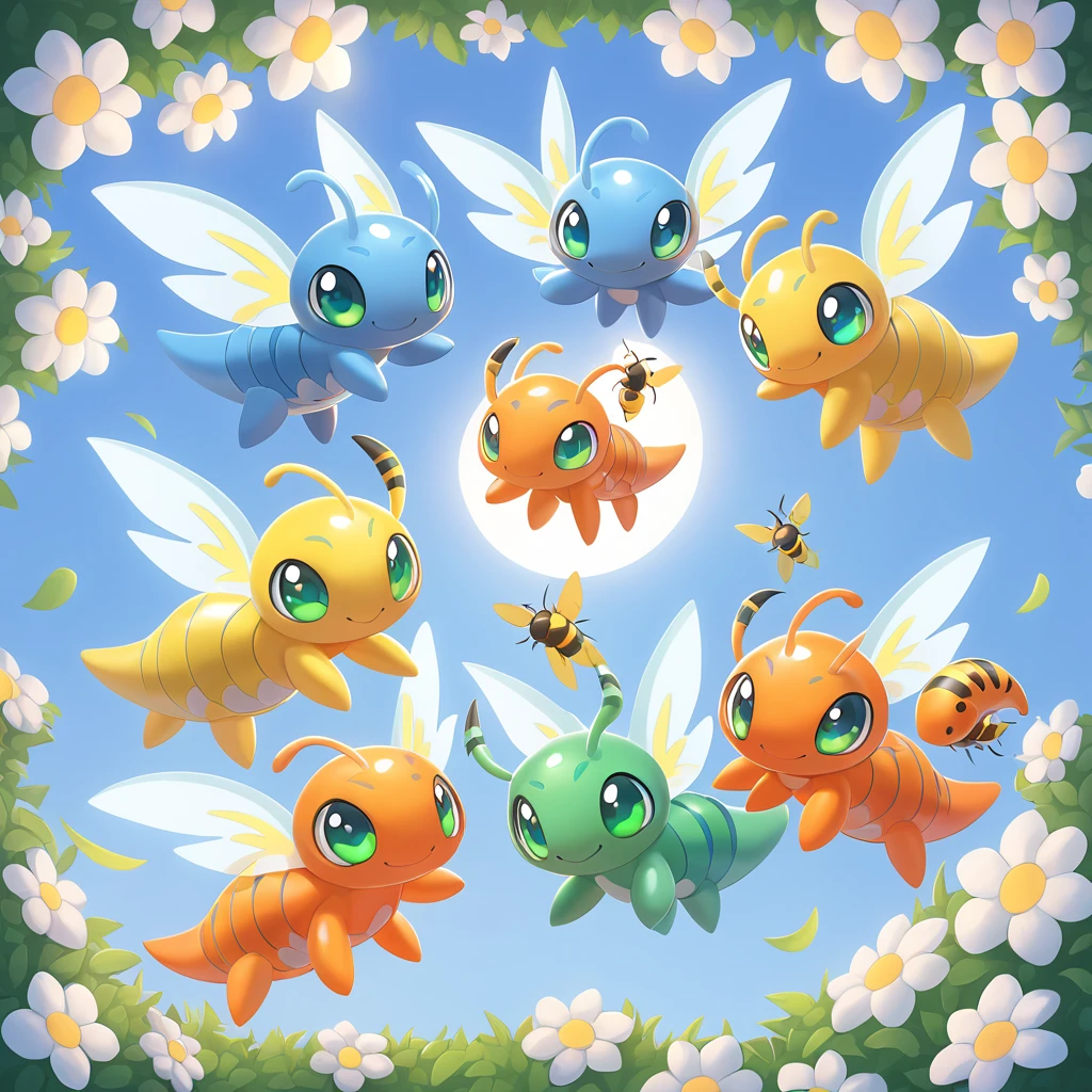 A larva digimon which flies freely and randomly with its three pairs of wings and if attacked it stings with its tiny stinger filled with venom, colors are primarily bright orange-yellow with blue-white wings navy blue and green eyes, flying among flowers