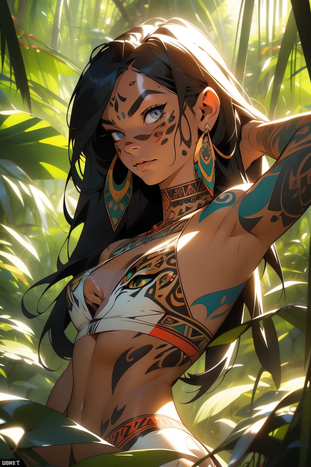 An indigenous woman, adorned with vibrant tribal tattoos, stands amidst the lush Amazon rainforest, her gaze locked with a majestic jaguar that lies regally by the riverbank under the midday sun. Ultra-realistic details bring this mystical encounter to life, with the woman's intricate facial features and the jaguar's powerful muscles and vivid coat showcased in stunning detail. Wild animals of the jungle, such as the jaguar, become a breathtaking backdrop, capturing the essence of primal beauty and the untamed wilderness of animais silvestres. This captivating scene unfolds near the edge of a winding river, the