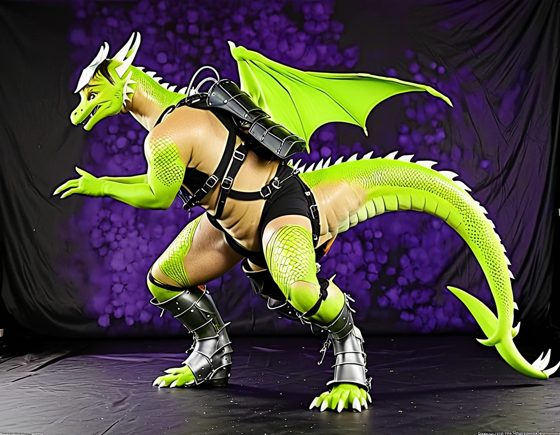 A male human live action role player dressed in a dragon fursuit, (wearing a saddle, saddlebags, a riding harness, a bridle, reins, heavy half plate armor and helmet over his fursuit), (you merge with the fursuit as the fabric morphs into tough scaly dragonhide:1.4), (two extra dragon heads grow from your spine, one on either side of your head), (the costume zipper assimilates into your new scaled hide, trapping you inside the suit as your transformation progresses), (human three-headed dragon hydra hybrid:1.3), (part human:1.6), (three-headed dragon hydra:2), (fursuit:0.5), (colors (algae green) (seaweed) (icterine) (pistachio) (tan) (aquamarine):1.45) inside a fantasy live action role play mount stable, real life, photorealistic