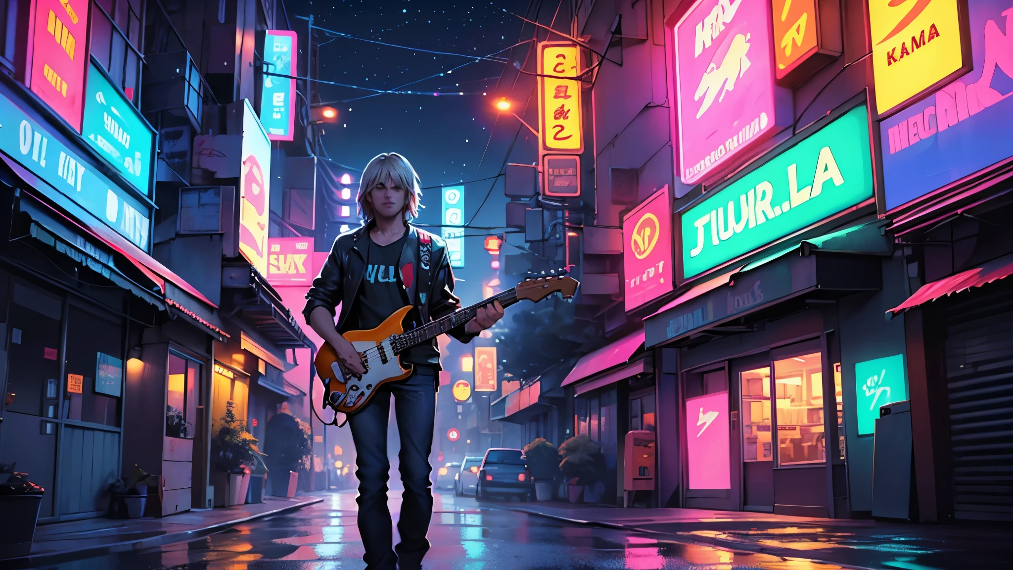 high quality, Lots of details, Kurt Cobain standing in the middle of a neon-lit street, Electric guitar behind him, The surrounding area is a bright neon city. There are stars in the sky