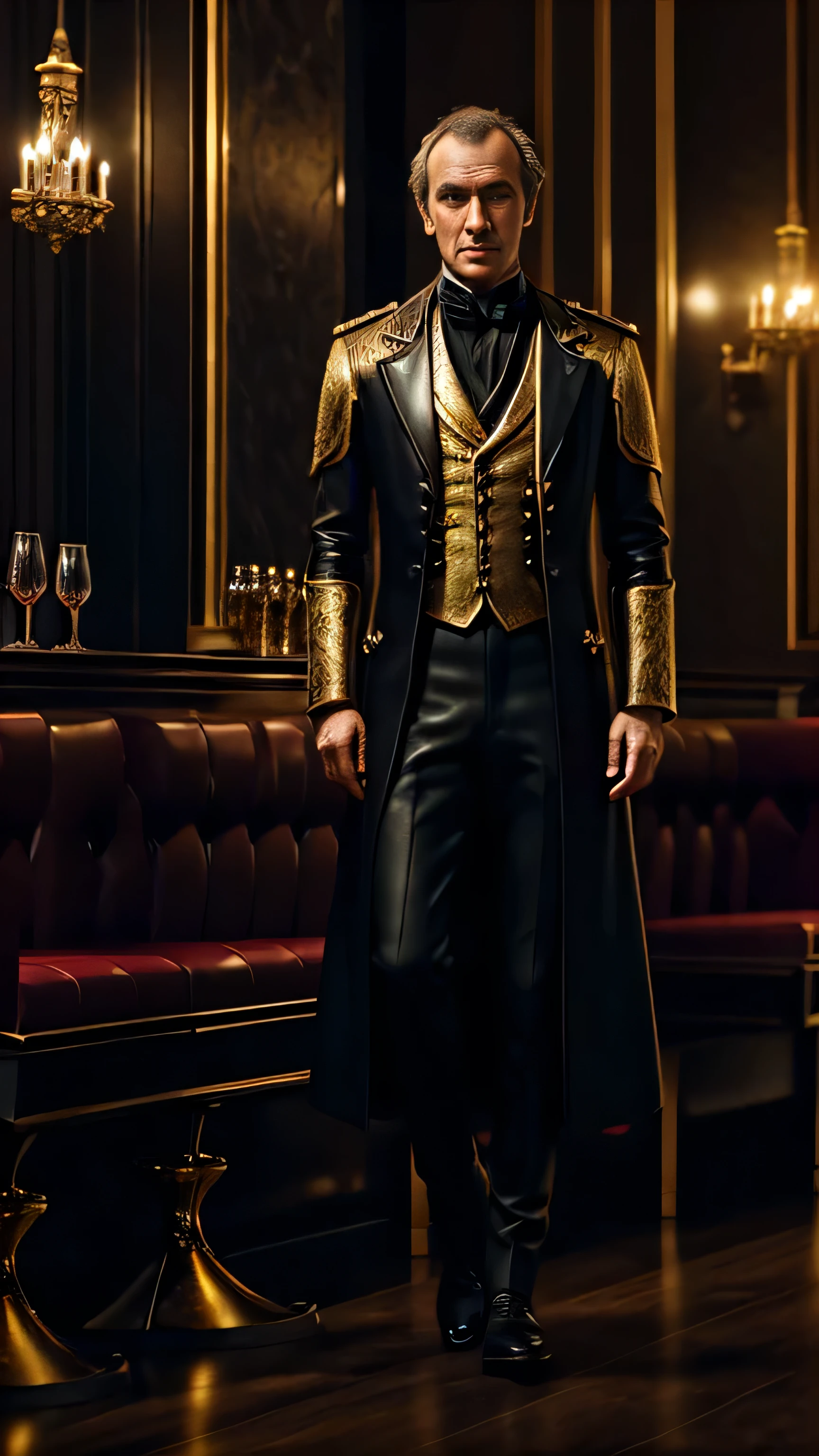(сyberpunk style), neon, (Stephen Dillane) as Stannis Baratheon, black tuxedo, gold shirt, shoes, standing, in a restaurant, (1man), (solo), (full body view), beautiful detailed glow, detailed, cinematic light, intricate detail, realistic, highres, detailed facial features, high detail, sharp focus, smooth, aesthetic, extremely detailed, stamp, octane render