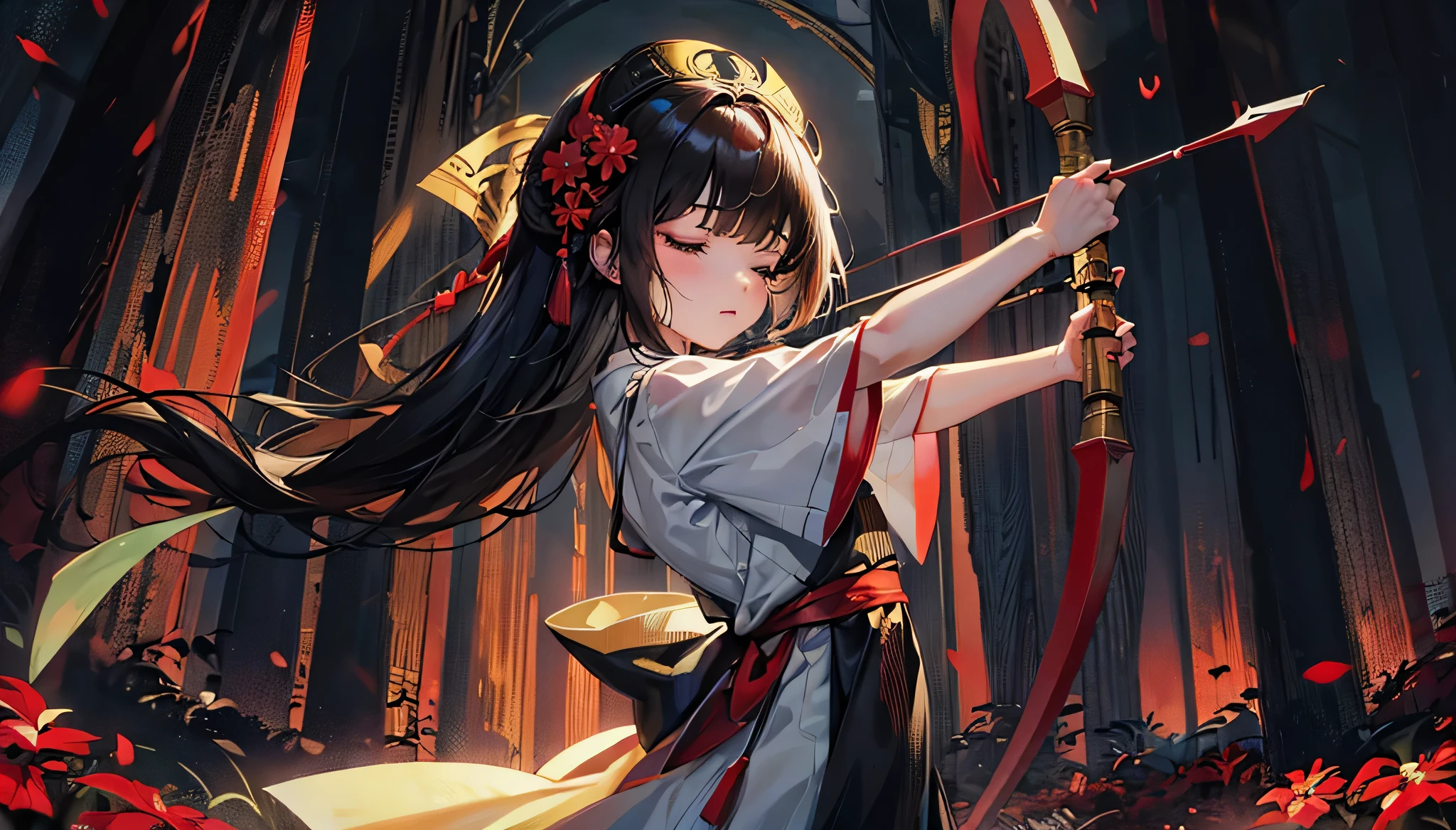 profile, ((Longbow Battle style)) (left hand is holding a detailed divine longbow, right hand is shooting an divine arrow stance), (solo blunt bangs black hair long hair cute shrine maiden girl, 15 yo, sexy closed eyes, serious face), (in a shrine maiden costume), BREAK, (in the darkness, in night forest), perfect anatomy, masterpiece, best quality, 16k.