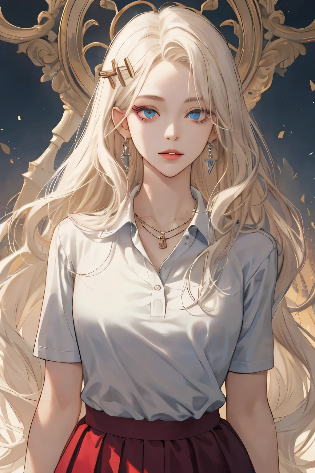 (extreamly delicate and beautiful:1.2), 8K,(masterpiece:1.0),(best_quality:1.0), 1 girl, and intricate detailing, Enlarged textures, and intricate detailing, finely eye and detailed face, and intricate detailing, shiraga, platinum blonde curls long hair, (closed mouths), Perfect eyes, Equal eyes, carolina eyes (A famale god) with black polo shirt modern and red maroon short skirt span, carolina eyes perfect, perfect, earing, hairpin, perfect body, sexy body, carolina blue perfect eyes, lips nude, necklace maroon