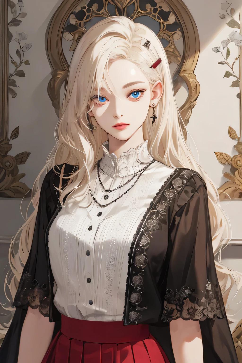 (extreamly delicate and beautiful:1.2), 8K,(masterpiece:1.0),(best_quality:1.0), 1 girl, and intricate detailing, Enlarged textures, and intricate detailing, finely eye and detailed face, and intricate detailing, shiraga, platinum blonde curls long hair, (closed mouths), Perfect eyes, Equal eyes, carolina eyes (A famale god) with black polo shirt modern and red maroon short skirt span, carolina eyes perfect, perfect, earing, hairpin, perfect body, sexy body, carolina blue perfect eyes, lips nude, necklace maroon