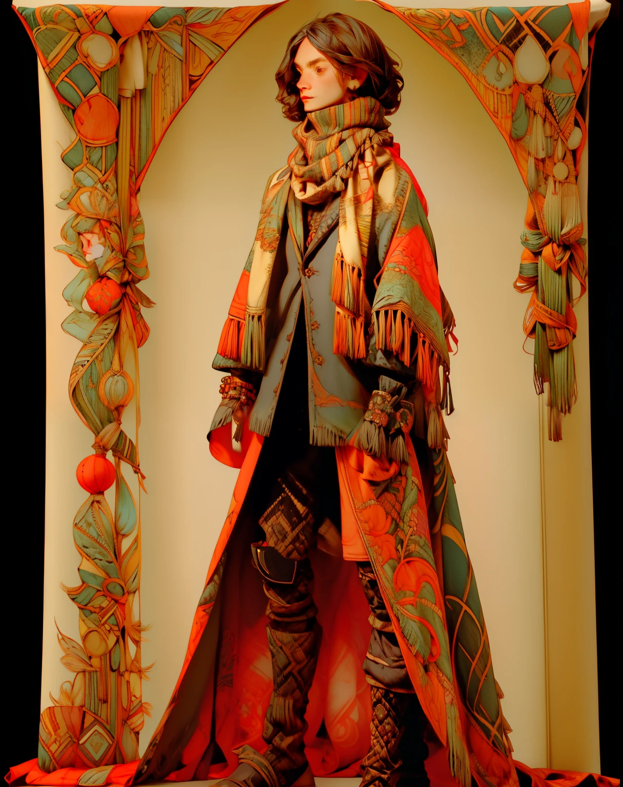 1 short person, Final Fantasy mimic character class, wrapped in patchwork patterned scarves and quilts, cross wrapped scarves, many layers of scarves and quilts, large beads and tassels, body and face wrapped in various patterned quilts and scarves. only their eyes are visible, heavy eyeliner, androgynous face, only clothing is wrapped scarves and quilts, ((entire body image: 1.4)), 