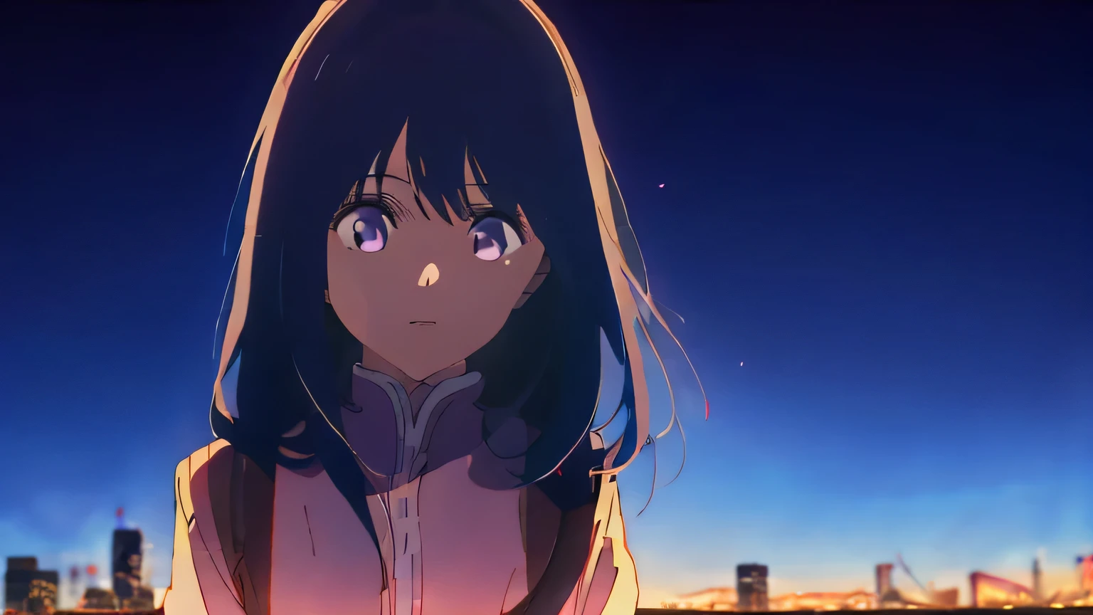 City Street。stroll。anime。Cute older sister。night。Blue Moment。Beautiful light blue night sky。anime style。Gentle lines。Upper Body。front。Looking into the camera。Please show me the wonderful scenery (highest quality, High resolution, Realistic), Vibrant colors, Professional Lighting.