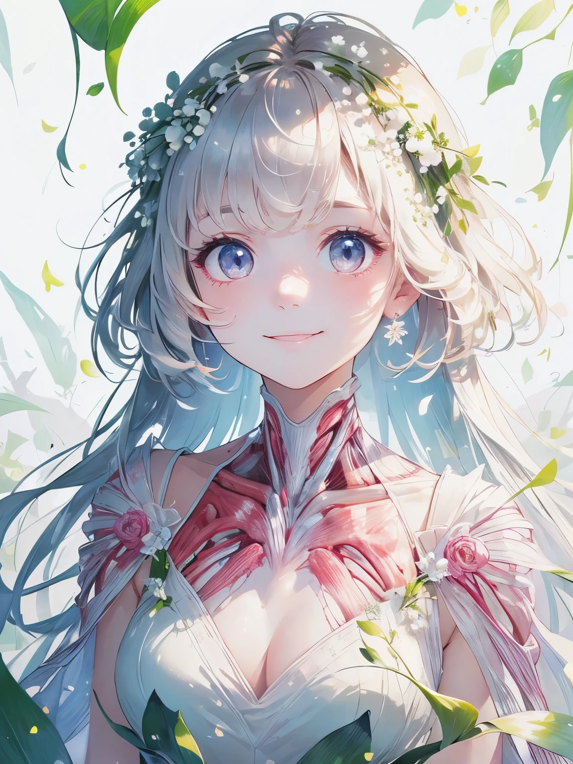 (masterpiece、highest quality、highest quality、Beautiful and beautiful:1.2)、(Excellent anatomy:1.5)、A picture of a girl with milky straight hair、A shy smile、Sparkling eyes、Looking into the camera、emerge from flowers and leaves、lily of the valley