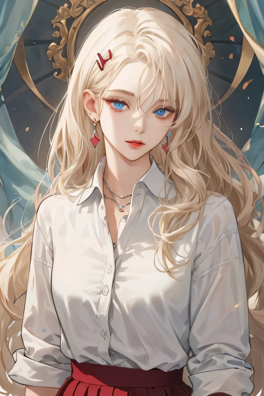 (extreamly delicate and beautiful:1.2), 8K,(masterpiece:1.0),(best_quality:1.0), 1 girl,model and intricate detailing, Enlarged textures, and intricate detailing, finely eye and detailed face, and intricate detailing, shiraga, platinum blonde curls long hair, (closed mouths), Perfect eyes, Equal eyes, carolina eyes (A famale god) with white polo shirt modern and red maroon short skirt span, carolina eyes perfect, perfect, earing, hairpin, perfect body, sexy body, carolina blue perfect eyes, lips nude, necklace ruby diamond