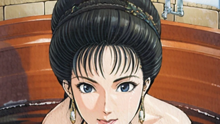 (best quality), (very aesthetic), (ultra-detailed), (best illustration),a mature female,NSFW,Perfect Face,Suikoden,Mrs. Lin,(full_body),big nipple,red cheek,Large drops of sweat are pouring from the whole body,skinny,chinese traditional bath room,Taking a bath,She is soaking in the bathtub with a relaxed expression.,Looking down