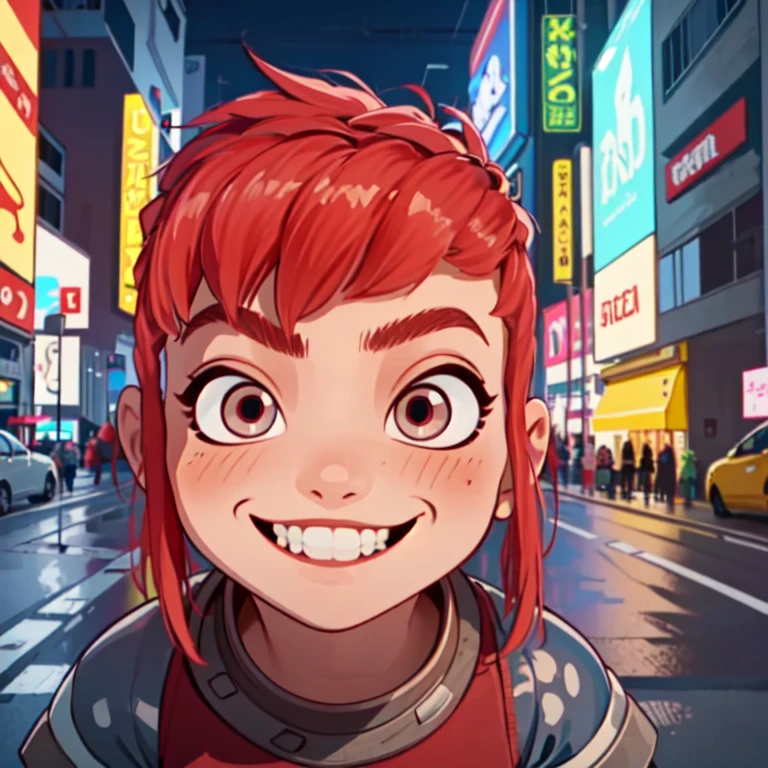 nimona, (best quality, masterpiece, 1girl, kid, solo,looking at viewer, red hair, cute mocking crazy face, smile, naughty), sharp, neon cyberpunk world background, sharp eyes, perfect eyes, rolling eyes, blush,