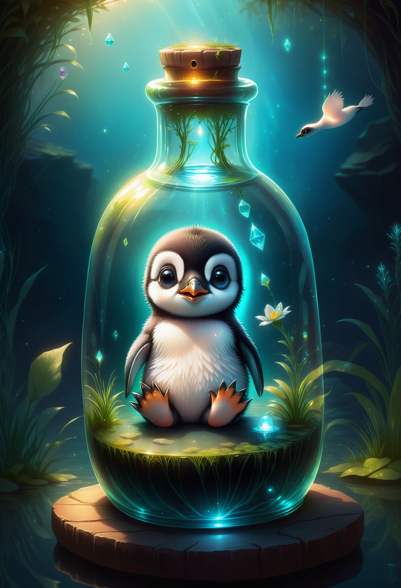 micro, whimsical art, high-quality digital fantasy image of a trapped baby penguin sitting inside a magical glass bottle, floating in a pond, science fiction, cute, glowing magical, adorable, digital art, kawaii
