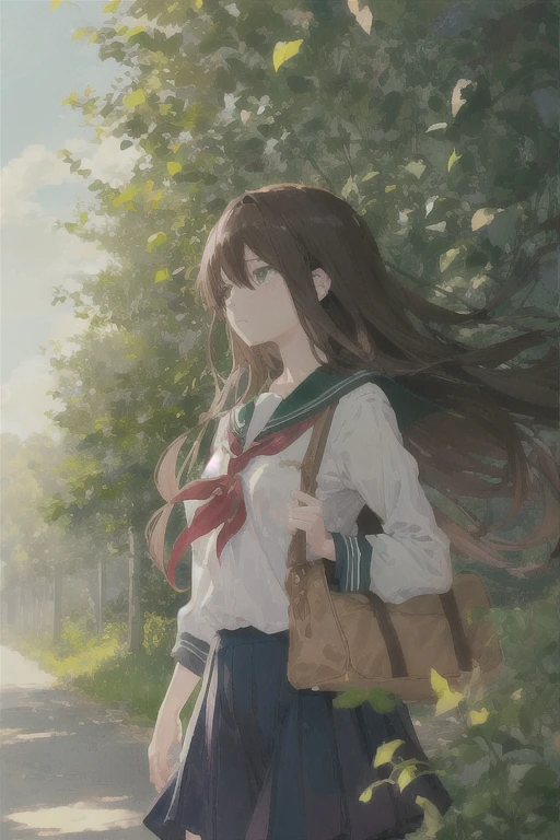 1 anime girl, long brown hair, wearing , hair blowing in the wind, poetic, color, masterpiece, warm sunny morning, green canopy, sad, school scene