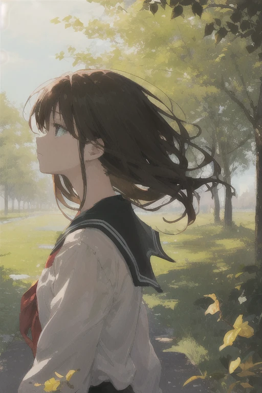 1 anime girl, long brown hair, wearing , hair blowing in the wind, poetic, color, masterpiece, warm sunny morning, green canopy, sad, school scene