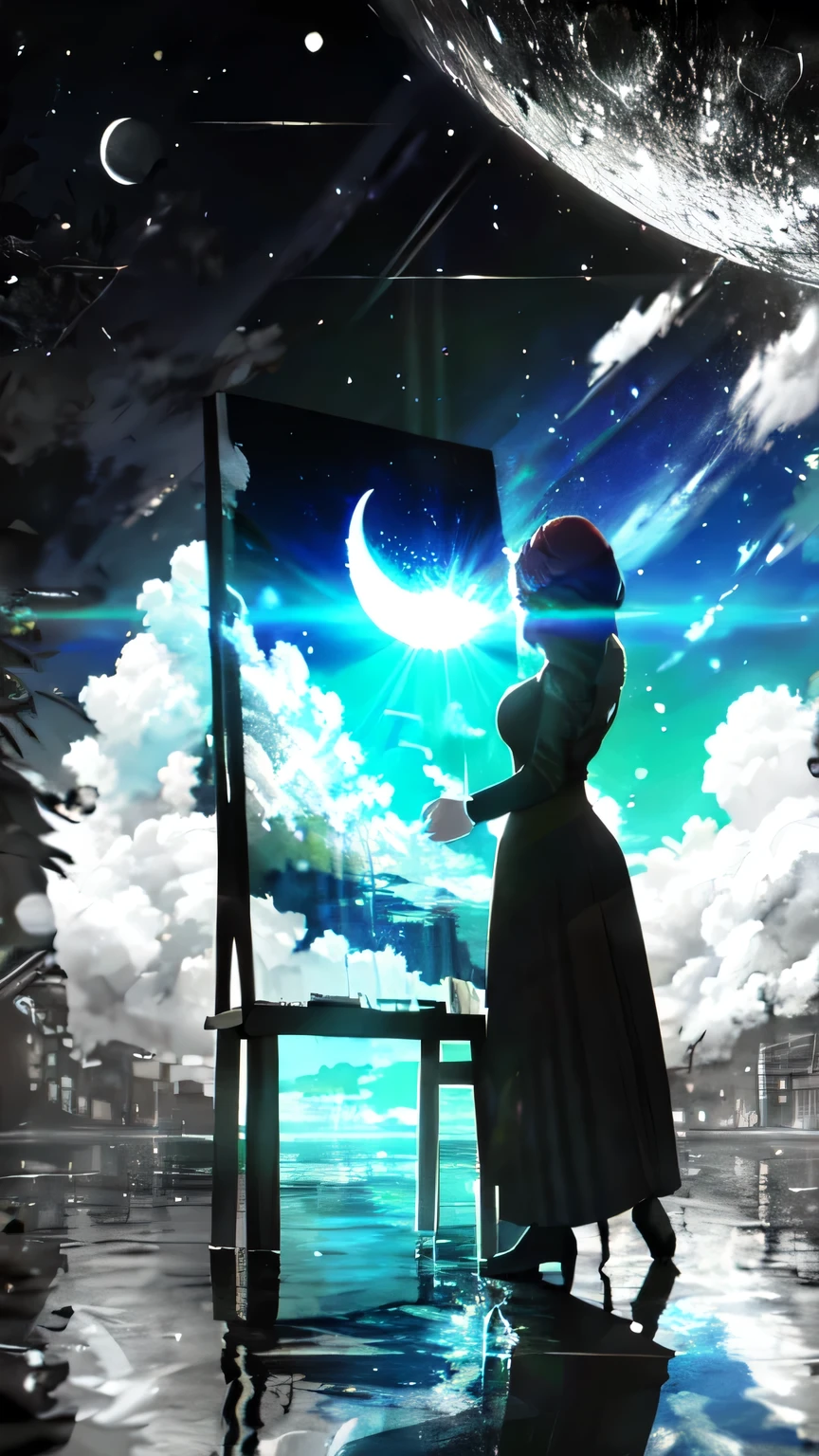 masterpiece, highest quality, Halftone,cloud, Light_particle, null room, reflection, null, moon