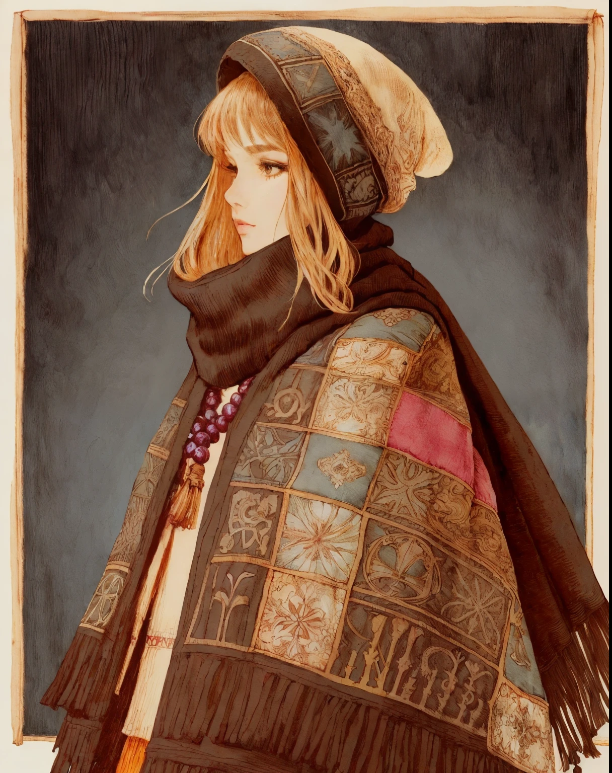 1 short person, Final Fantasy mimic character class, wrapped in patchwork patterned scarves and quilts, cross wrapped scarves, many layers of scarves and quilts, large beads and tassels, body and face wrapped in various patterned quilts and scarves. only their eyes are visible, heavy eyeliner, androgynous face, only clothing is wrapped scarves and quilts, ((entire body image)), beautiful elaborate steampunk backfround , game art book style, pen and ink outline, gauche and watercolor painting, pen and ink outlines and details, Akihiko Yoshida Style art, 8k image, gorgeous artwork, masterful painting, whimsical drawing, ((entire head and body is in frame)), shoes or boots, large floppy hat covering tousled hair, 