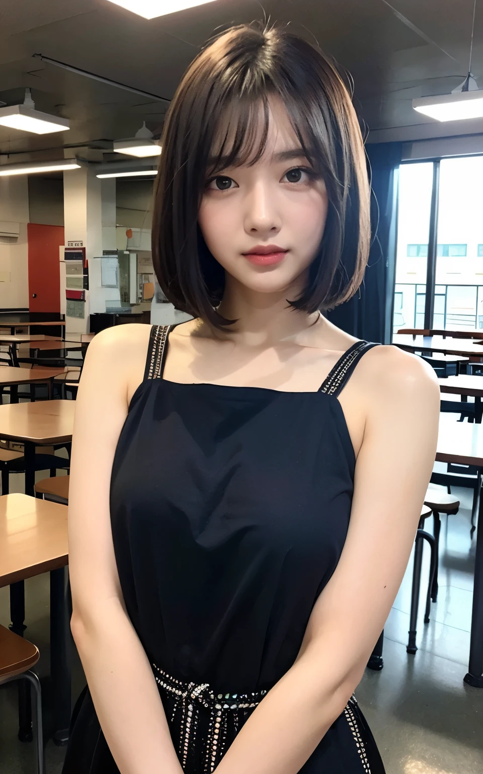Highly detailed CG Unity 8k wallpaper, top quality, super detailed, masterpiece, realistic, photo realistic, very detailed cute girl, 25 years old, blush,, round eyes, medium breasts, looking viewer, half body shot , cafeteria , casual dress , bob cut