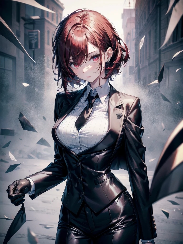 Black gloves, Formal suit, tie, Jacket, pants, absurdres, RAW photo, extremely delicate and beautiful, masterpiece, Best Quality, ultra high resolution, 32k, hyperrealistic, ultra-detailed, detailed description, pale skin, 20 years old, tearful mole, earring, short medium hair, wavy hair, whole body shot, Redhead, Red eyes, big tits,