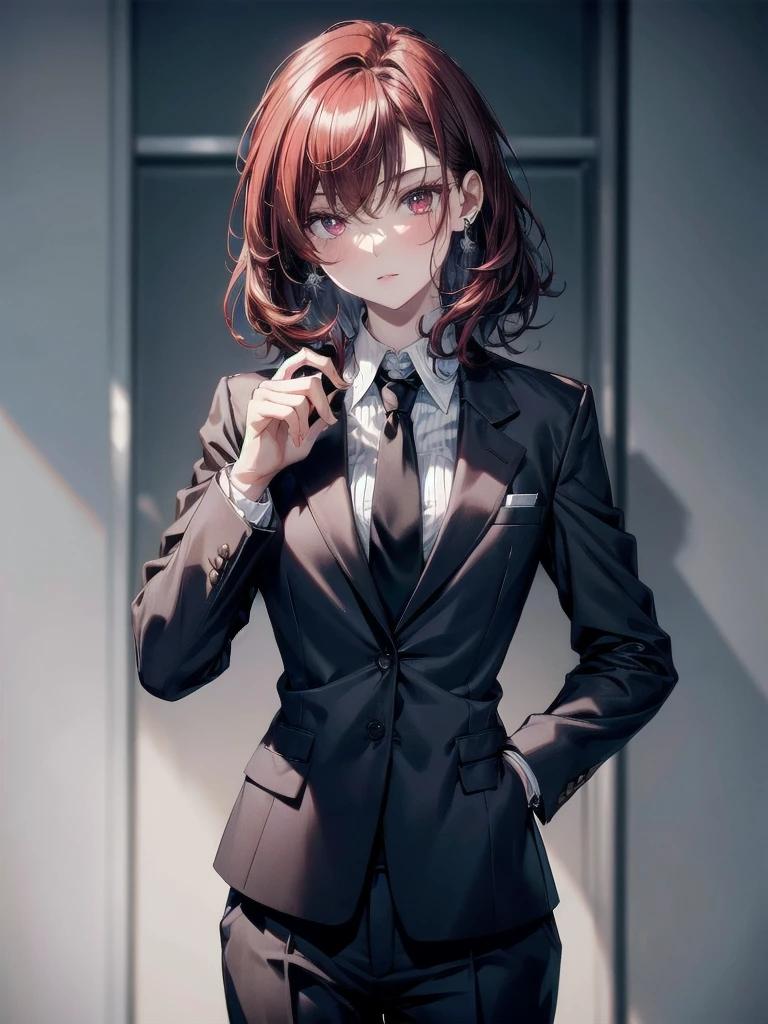 Black gloves, Formal suit, tie, Jacket, pants, absurdres, RAW photo, extremely delicate and beautiful, masterpiece, Best Quality, ultra high resolution, 32k, hyperrealistic, ultra-detailed, detailed description, pale skin, 20 years old, tearful mole, earring, short medium hair, wavy hair, whole body shot, Redhead, Red eyes, big tits,