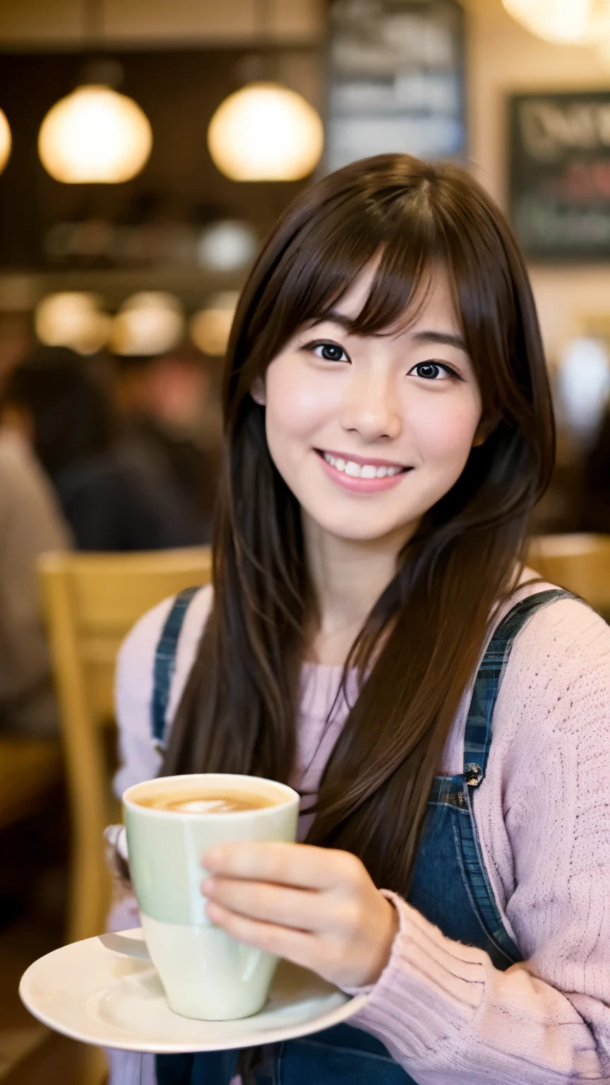 beautiful real american girl, Japanese, in the cafe, crowded cafe, wearing parka
