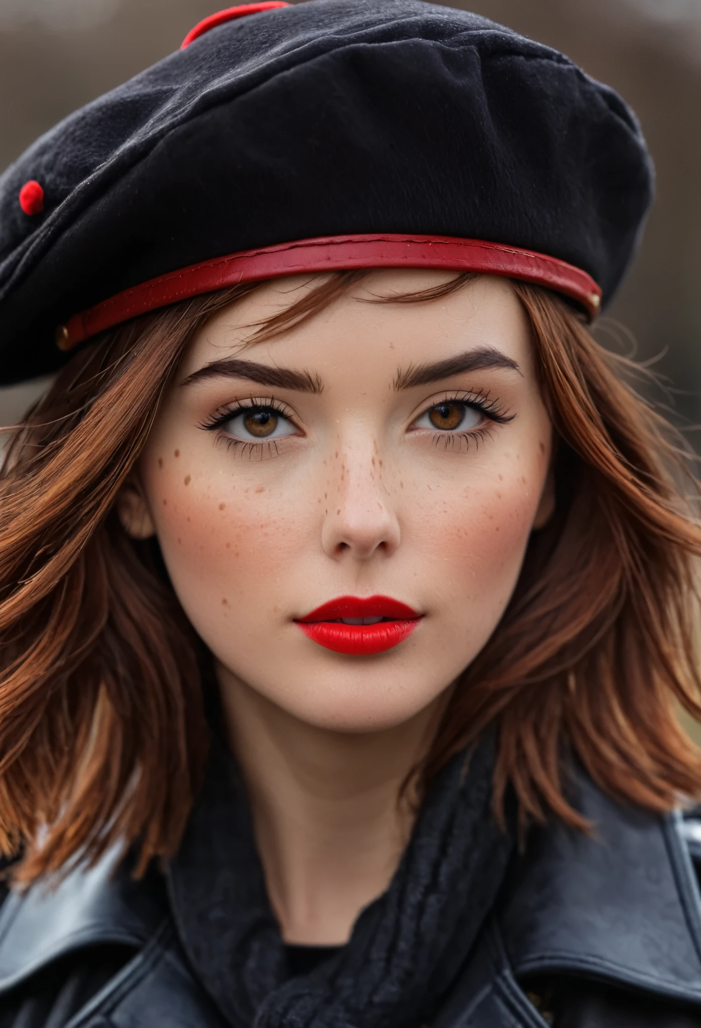 1girl, solo, looking at viewer, brown hair, hat, jacket, upper body, blurry, lips, coat, makeup, depth of field, blurry background, beret, red headwear, freckles, realistic, leather, leather jacket