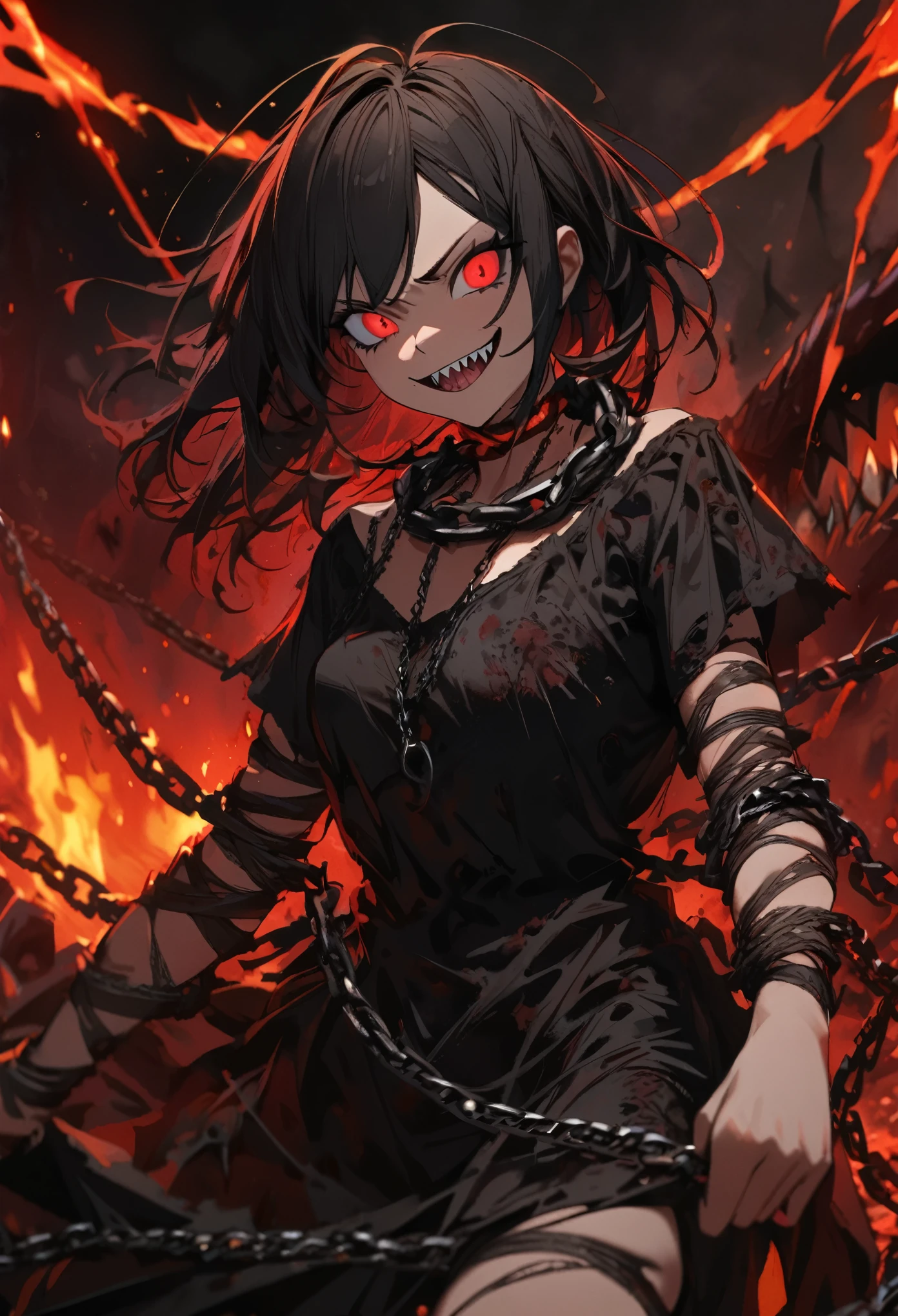 1girl, chains wrapped around my neck and wrists, hell, lava, saw teeth, sharp teeth, dark red black hair, smiling, black dress, evil, high-res, ultra detailed, 8k