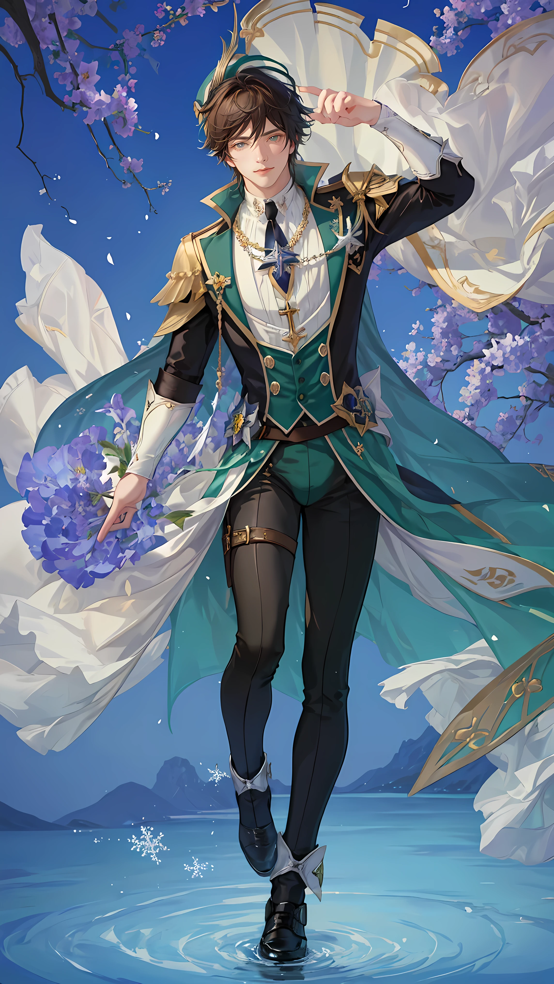 (VENTI-Genshin Impact, BROWN HAIR, WEAR GREEN HAT) (1man,solo,male) ((FULL BODY POSE)) ((GIGACHAD GIANT MUSCULAR BODY)) ((BIG BULGE, BIG ASS, BIG THIGH, SEXY POSE)) (((WEAR JOCSTRAP))) (((GREEN COSTUME COLOR THEME))) | FLOATING IN THE SPACE WITH STARS (SPARKLE, FLOWER, PETTALS, SNOWFLAKES) BACKGROUND IS BLUE SKY | big CHEST, FULL BODY, large ASS, open legs, show BULGE, smile, portrait knights of zodiac, extremely detailed ((pixiv arts)), high detailed official artwork, [ tarot card ]!!!!!, detailed key anime art, knights of zodiac anime, beautiful celestial mage, firefly from honkai star rails, full body | (dynamic angle:1.1), outline, ((thick lineart)), cover, stylish, official art, (details:1.2), (fantasy), garden, (bloom:1.1), glow:0.2, shadow, nature, flower, splash water, crystal, snowflakes, particles, bokeh, anamorphic light (depth of field), sharp focus, (volumetric lighting), (bokeh:0.6), film grain:0.4, (soft lighting:1.1) | high-quality, ultra-detailed illustrations, ultra-high resolution, (high resolution,overwhelmingly pixel-perfect,luxurious illustration), (Ultra Quality, Masterpiece, Ethereal:1.4) photorealistic:.1.4, UHD (8k, RAW photo, best quality, masterpiece:1.2)