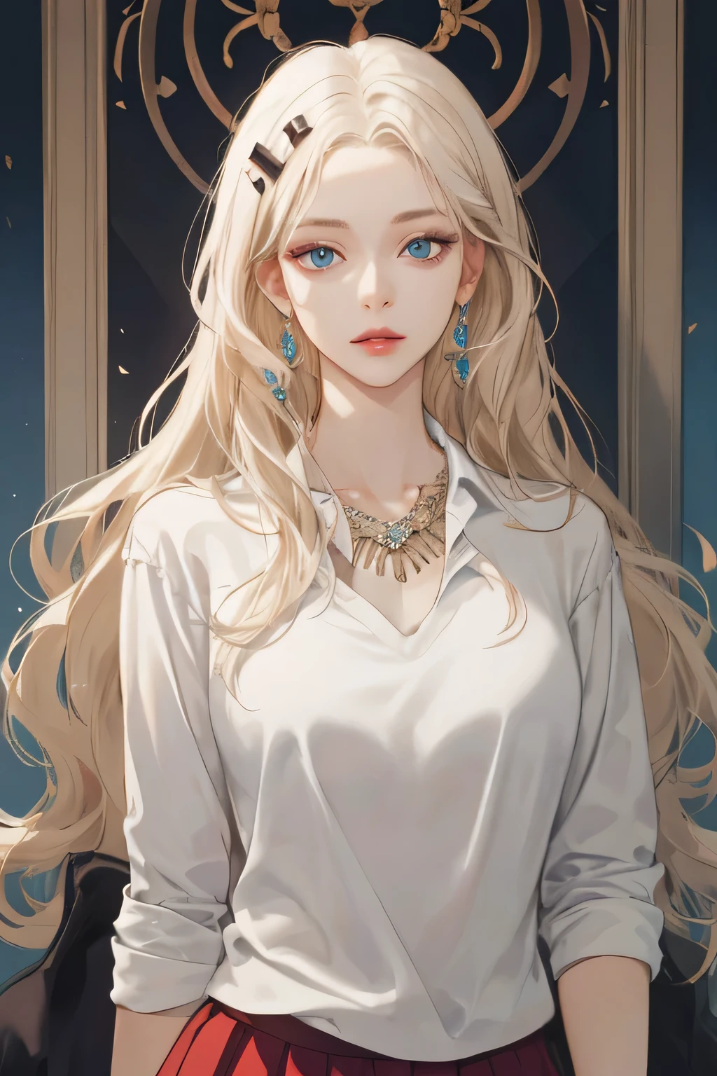 (extreamly delicate and beautiful:1.2), 8K,(masterpiece:1.0),(best_quality:1.0), 1 girl,model and intricate detailing, Enlarged textures, and intricate detailing, finely eye and detailed face, and intricate detailing, shiraga, platinum blonde curls long hair, (closed mouths), Perfect eyes, Equal eyes, carolina eyes (A famale god) with white polo shirt modern and red maroon short skirt span, carolina eyes perfect, perfect, earing, hairpin, perfect body, sexy body, carolina blue perfect eyes, lips nude, necklace blue diamond, half body