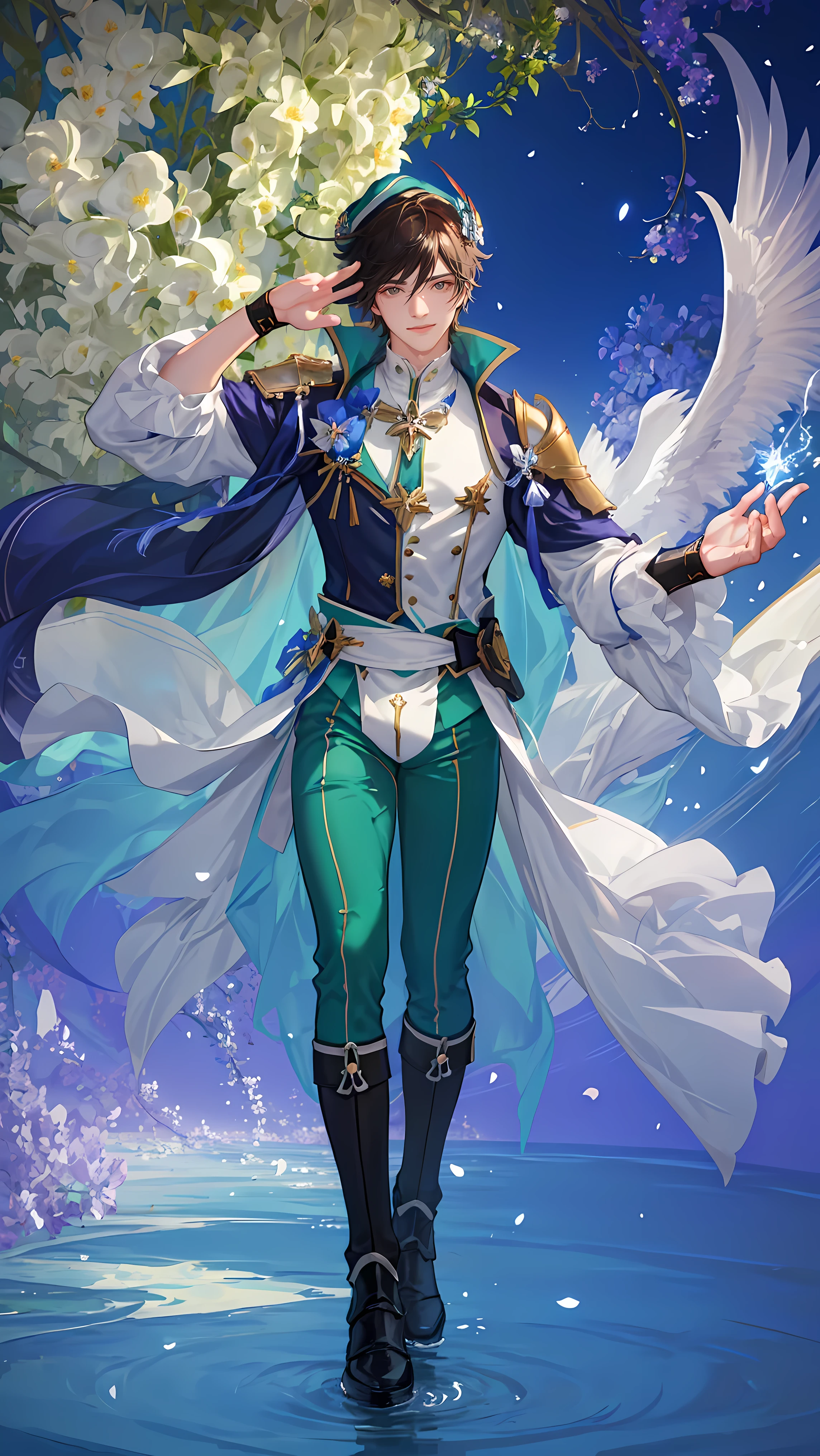 (VENTI-Genshin Impact, BROWN HAIR, WEAR GREEN HAT) (1man,solo,male) ((FULL BODY POSE)) ((GIGACHAD GIANT MUSCULAR BODY)) ((BIG BULGE, BIG ASS, BIG THIGH, SEXY POSE)) ((WEAR FUNDOSHI)) (((GREEN COSTUME COLOR THEME))) | FLOATING IN THE SPACE WITH STARS (SPARKLE, FLOWER, PETTALS, SNOWFLAKES) BACKGROUND IS BLUE SKY | big CHEST, FULL BODY, large ASS, open legs, show BULGE, smile, portrait knights of zodiac, extremely detailed ((pixiv arts)), high detailed official artwork, [ tarot card ]!!!!!, detailed key anime art, knights of zodiac anime, beautiful celestial mage, firefly from honkai star rails, full body | (dynamic angle:1.1), outline, ((thick lineart)), cover, stylish, official art, (details:1.2), (fantasy), garden, (bloom:1.1), glow:0.2, shadow, nature, flower, splash water, crystal, snowflakes, particles, bokeh, anamorphic light (depth of field), sharp focus, (volumetric lighting), (bokeh:0.6), film grain:0.4, (soft lighting:1.1) | high-quality, ultra-detailed illustrations, ultra-high resolution, (high resolution,overwhelmingly pixel-perfect,luxurious illustration), (Ultra Quality, Masterpiece, Ethereal:1.4) photorealistic:.1.4, UHD (8k, RAW photo, best quality, masterpiece:1.2)